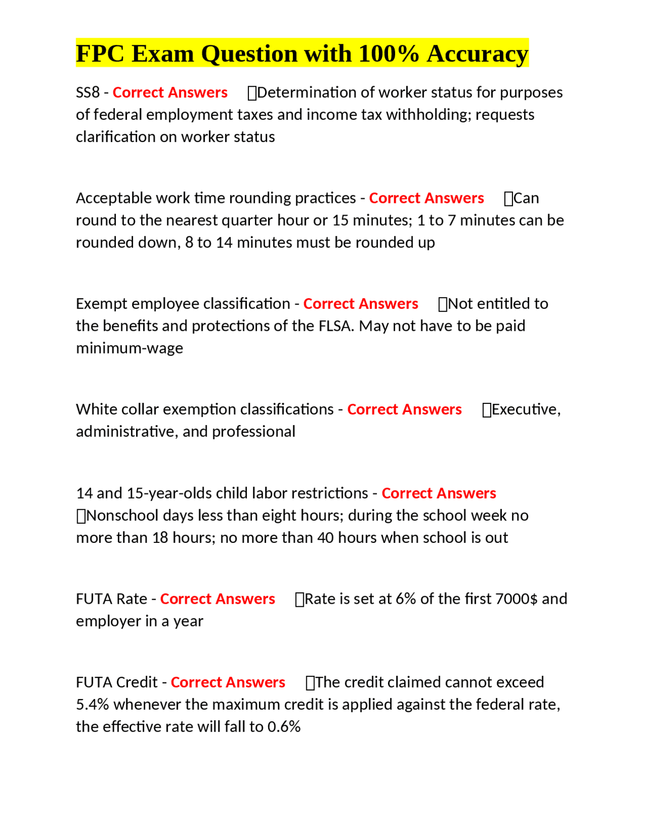 FPC Exam Question with 100% Accuracy | Exams Nursing | Docsity