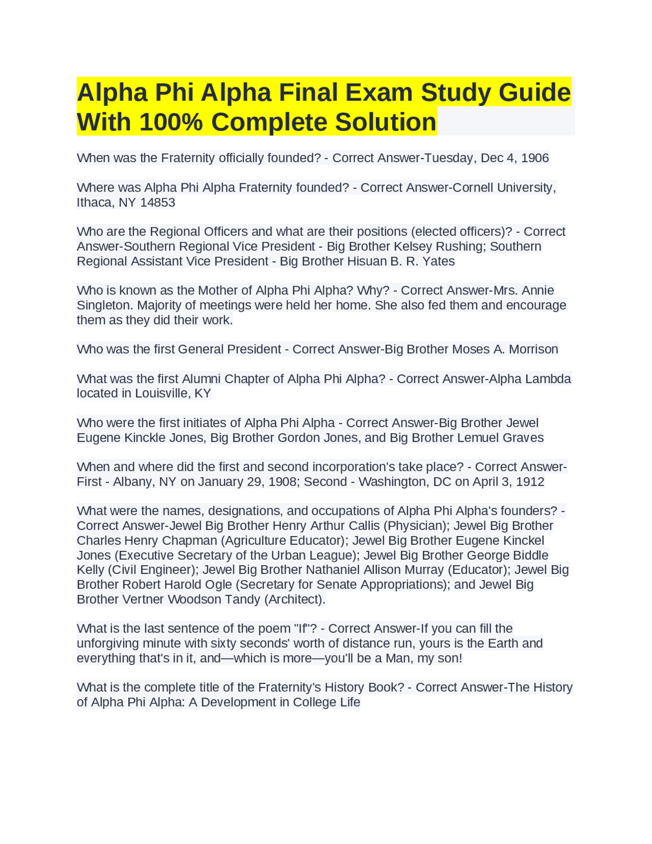 Alpha Phi Alpha Final Exam Study Guide With 100% Complete Solution ...