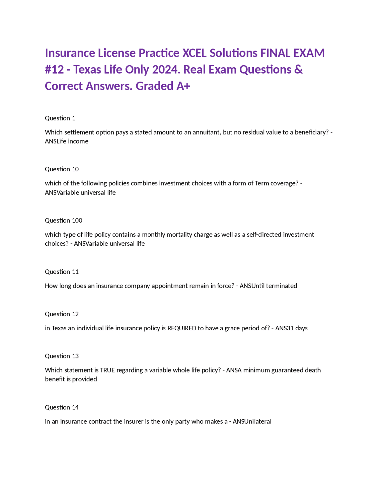 Texas Life Insurance License Exam Practice Questions | Exams 