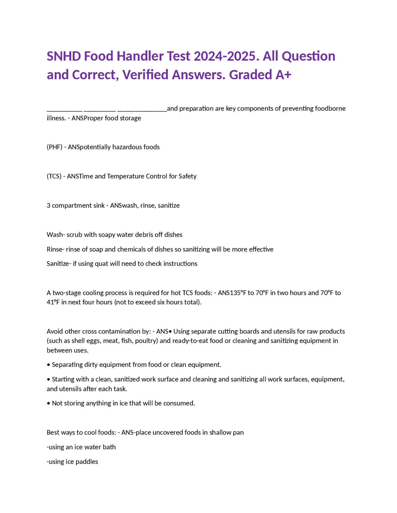 SNHD Food Handler Test 2024-2025. All Question and Correct, Verified Answers. Graded A+ | Exams ...