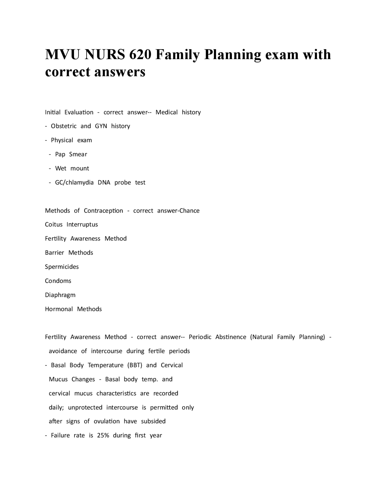 Family Planning Exam with Correct Answers | Exams Nursing | Docsity