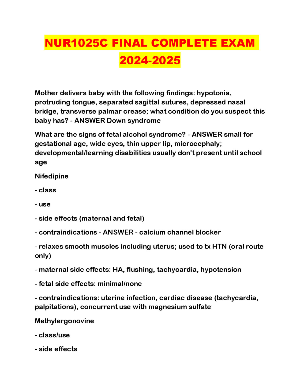 NUR1025C FINAL COMPLETE EXAM 2024-2025 | Exams Nursing | Docsity