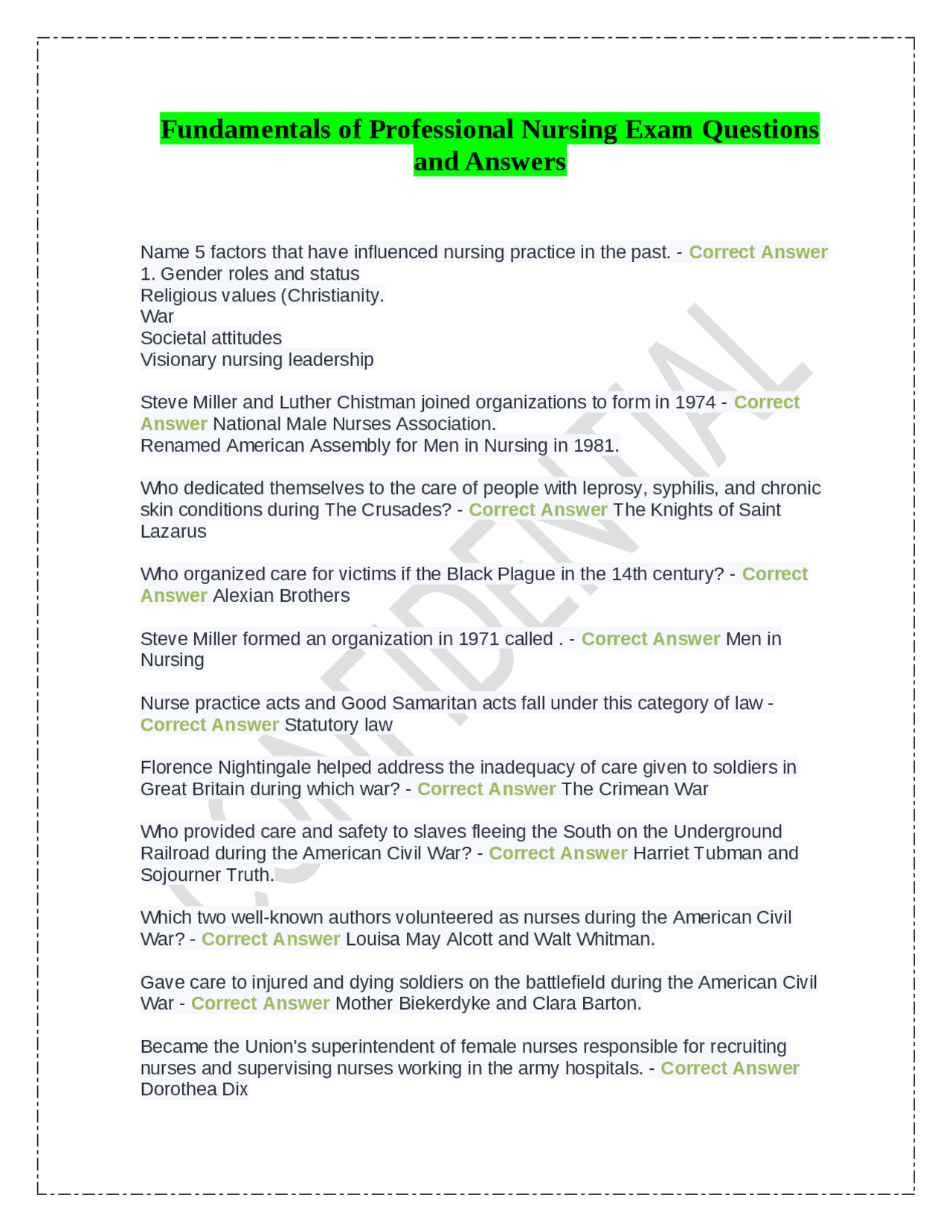 Fundamentals of Professional Nursing Exam Questions and Answers | Exams ...