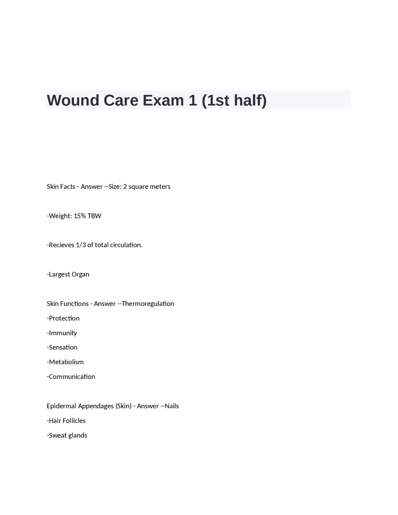 Wound Care Exam 1 Questions and Answers | Exams Nursing | Docsity
