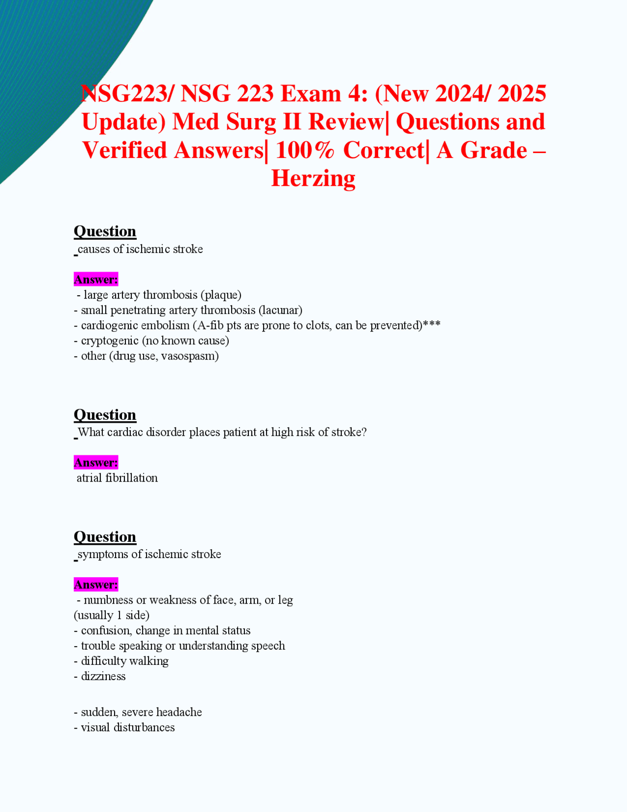 NSG 233 Exam 4 (Latest Update 2024/2025) Med Surg II Verified Questions ...