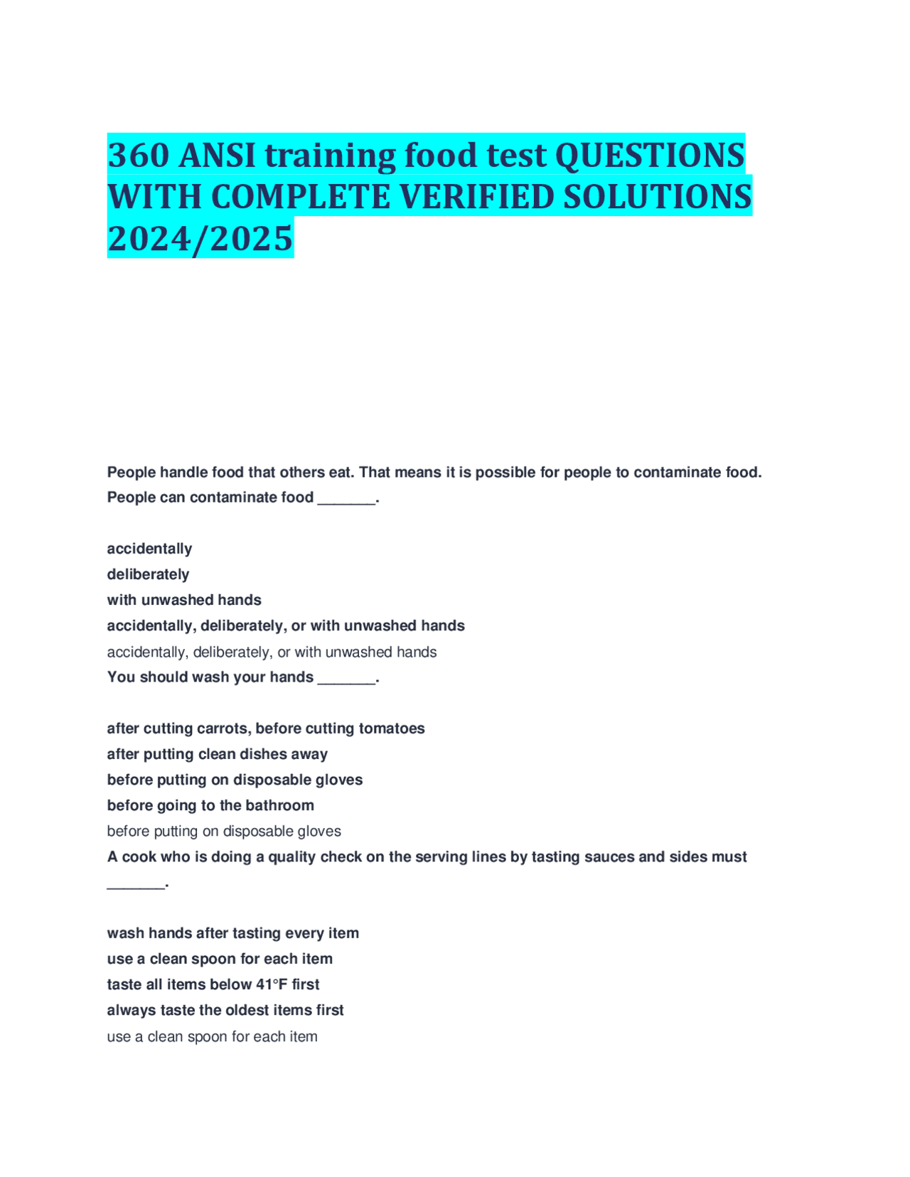 360 ANSI training food test QUESTIONS WITH COMPLETE VERIFIED SOLUTIONS ...