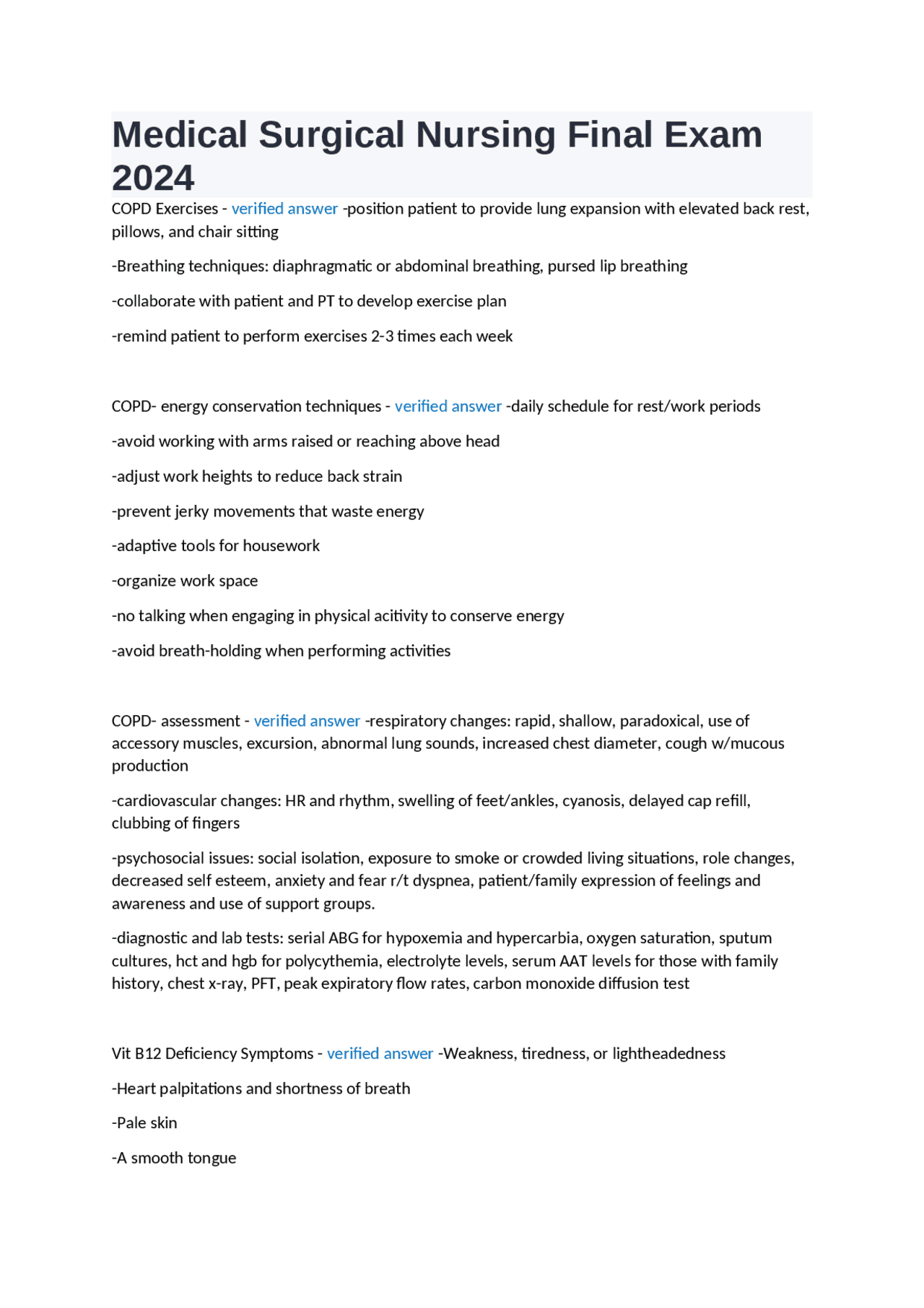 Medical Surgical Nursing Final Exam 2024/2025 | Exams Medicine | Docsity