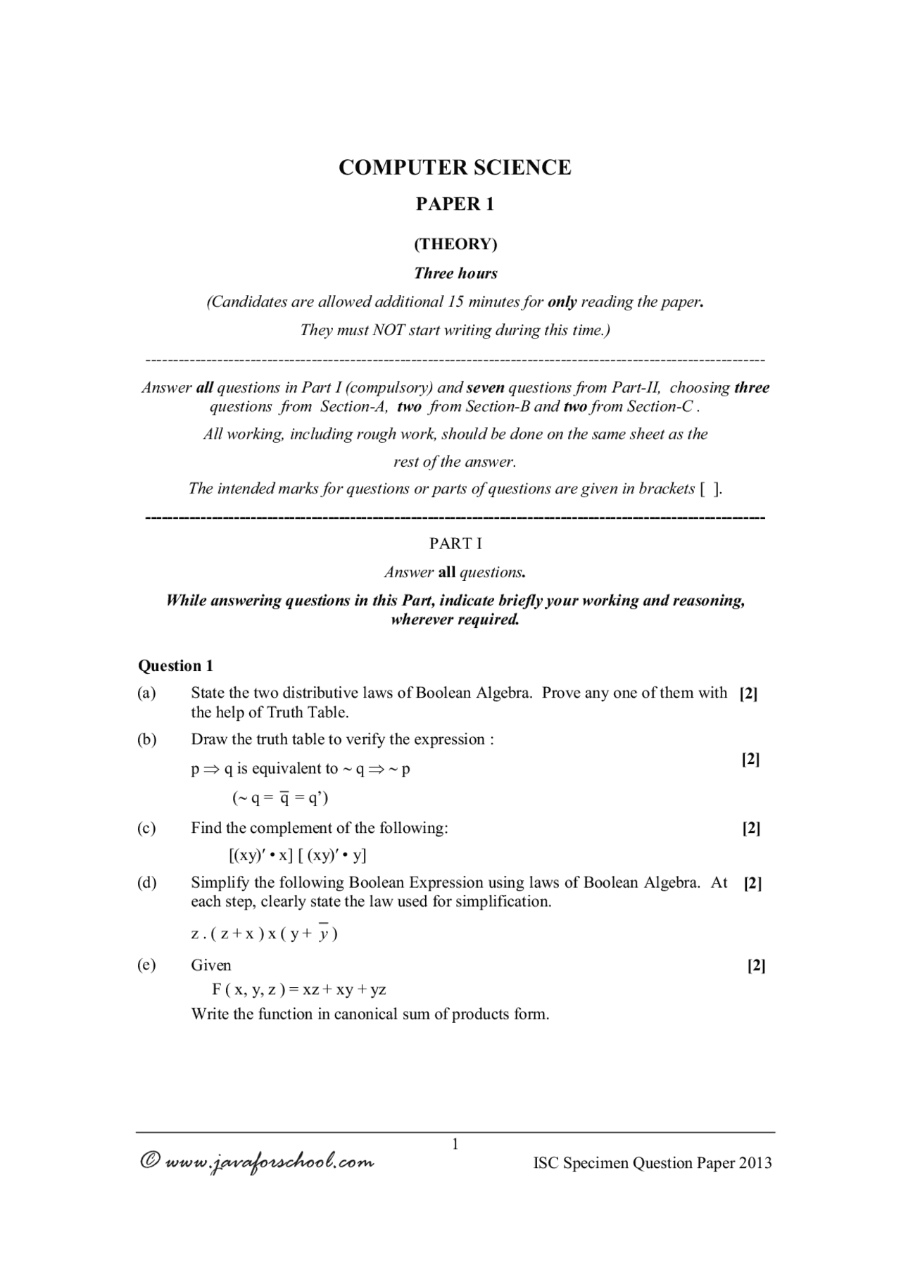 ICSE – Class XII – Computer Science – Paper I – Theory – Sample Paper ...