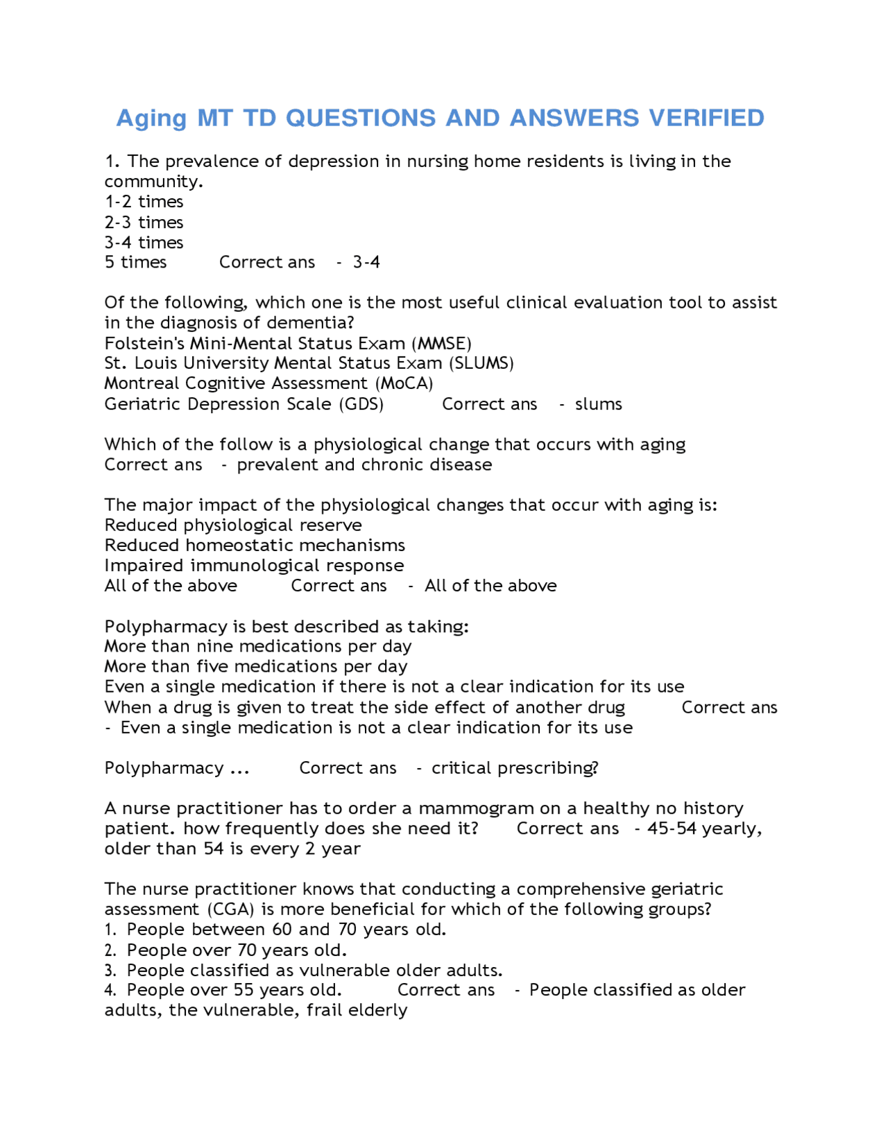 Aging_MT_TD_QUESTIONS_AND_ANSWERS_VERIFIED | Exams Nursing | Docsity