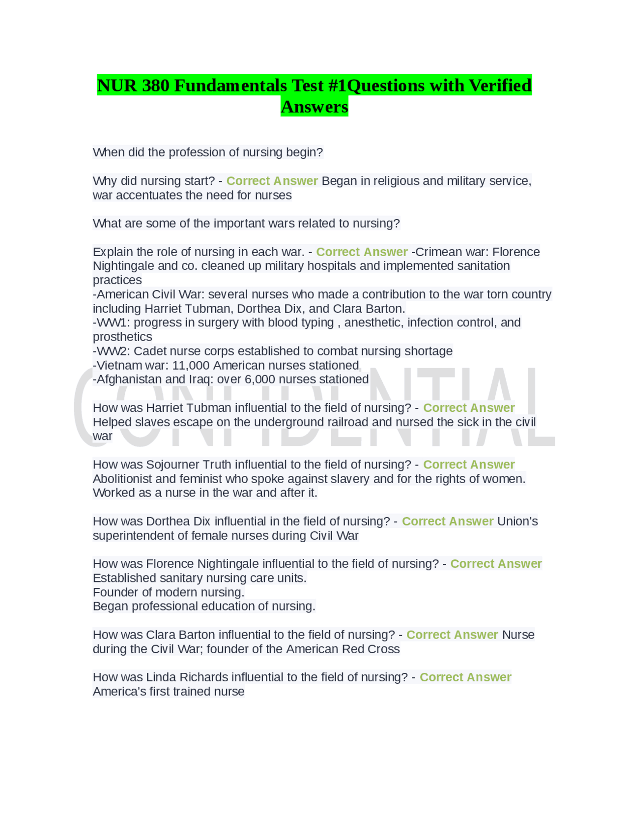 NUR 380 Fundamentals Test #1Questions with Verified Answers | Exams ...