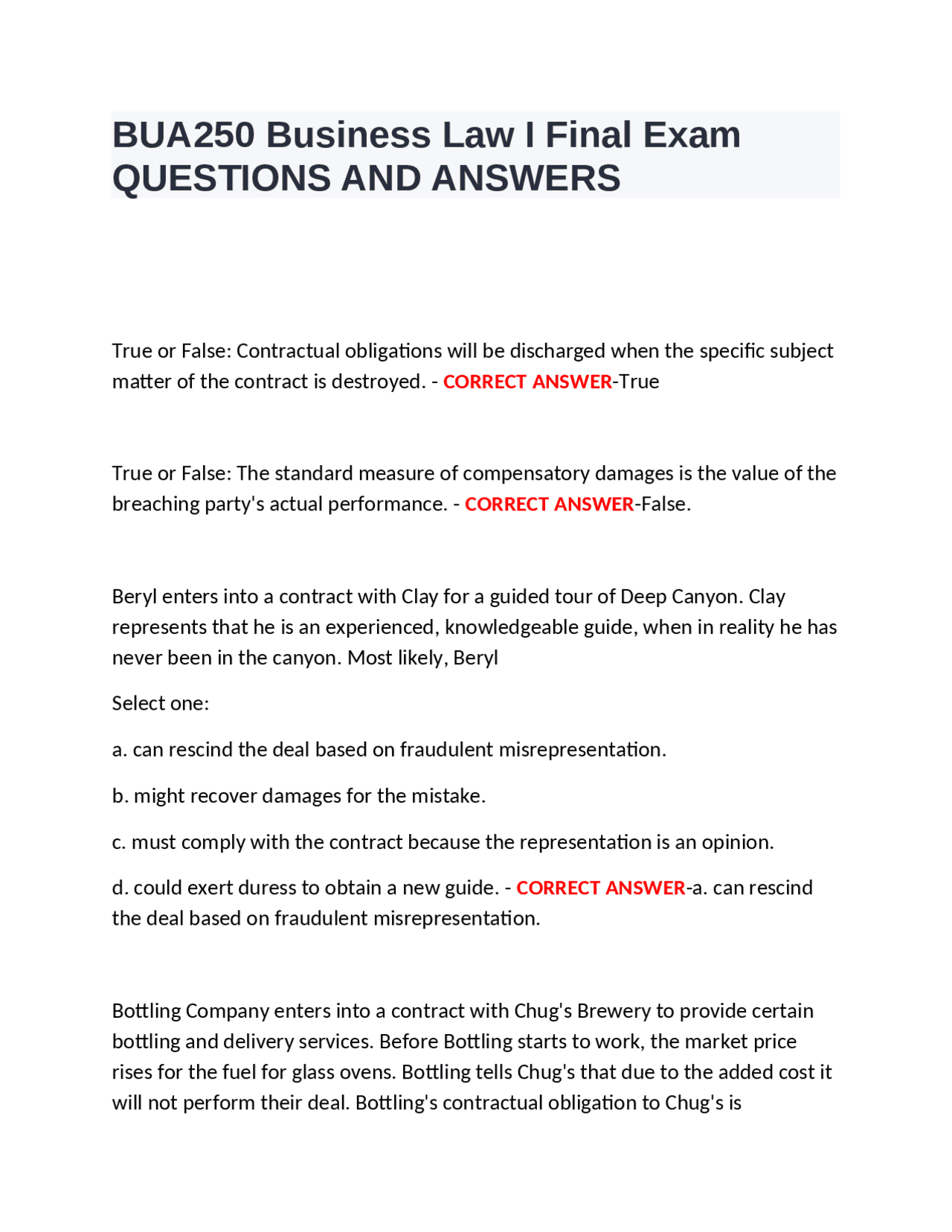 BUA250 Business Law I Final Exam QUESTIONS AND ANSWERS | Exams Business ...