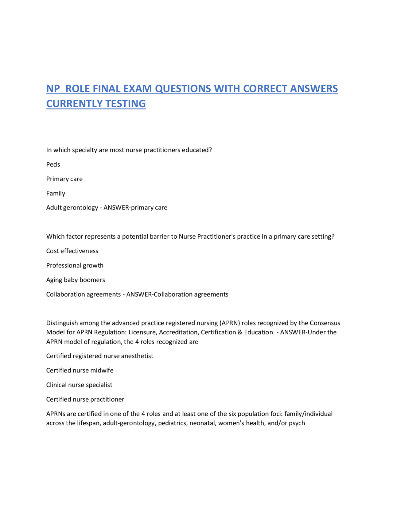 NP Role Final Exam Questions with Correct Answers | Exams Nursing | Docsity
