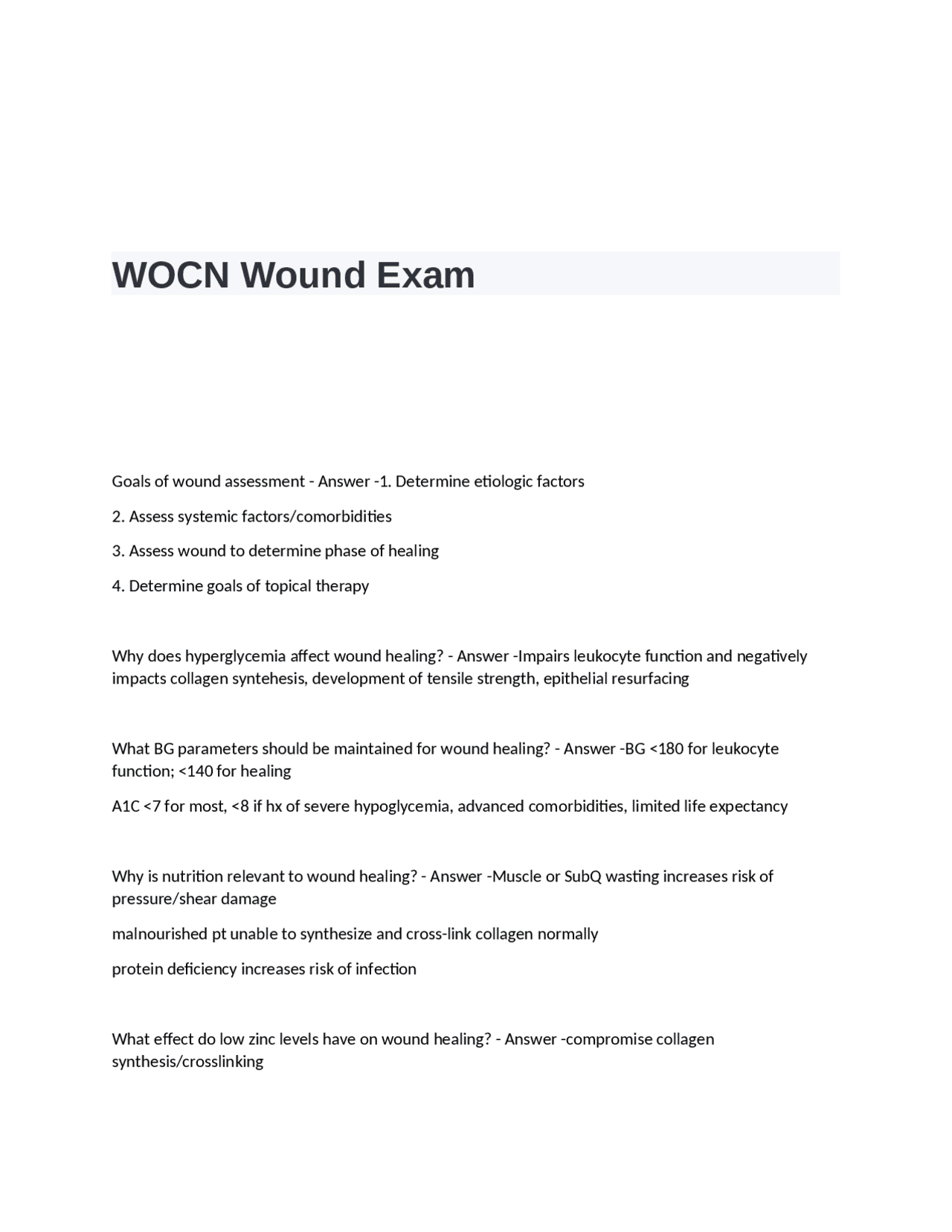 WOCN Wound Exam Questions and Answers | Exams Nursing | Docsity