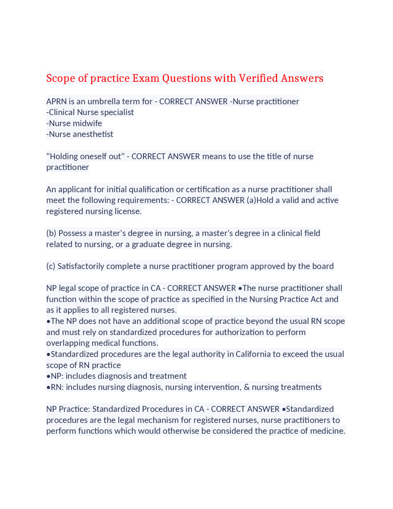 Scope of Practice Exam Questions with Verified Answers | Exams Nursing ...