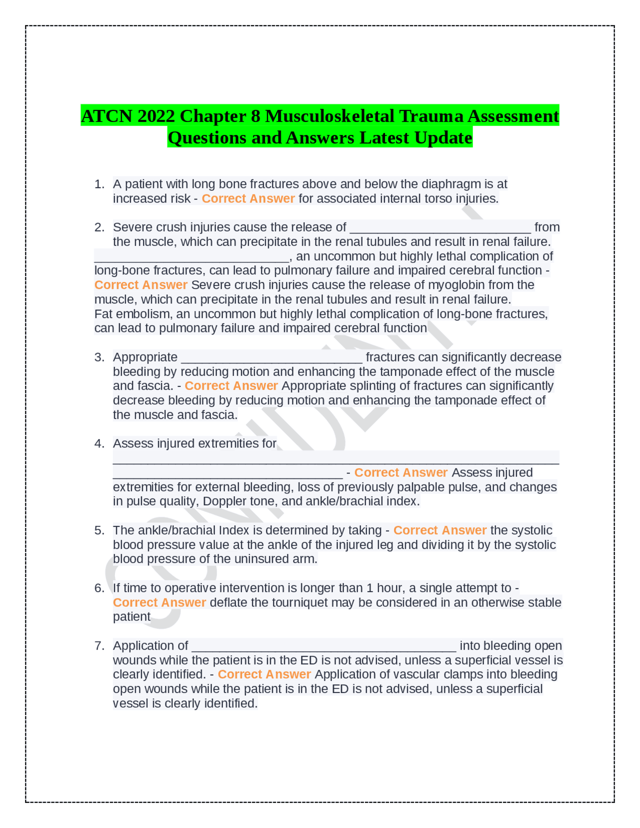 ATCN 2022 Chapter 8 Musculoskeletal Trauma Assessment Questions and ...