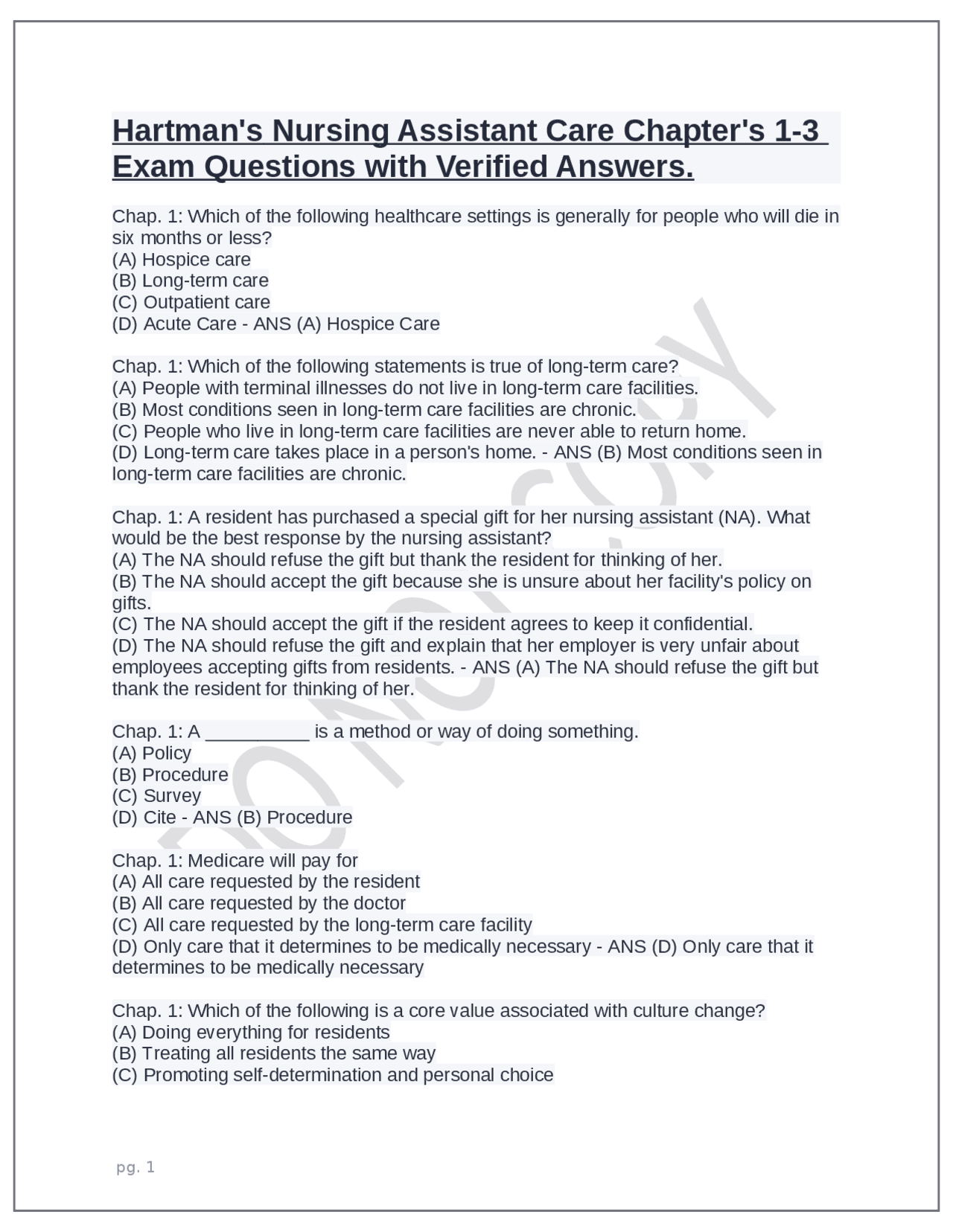 Hartman's Nursing Assistant Care Chapter's 1-3 Exam Questions with ...