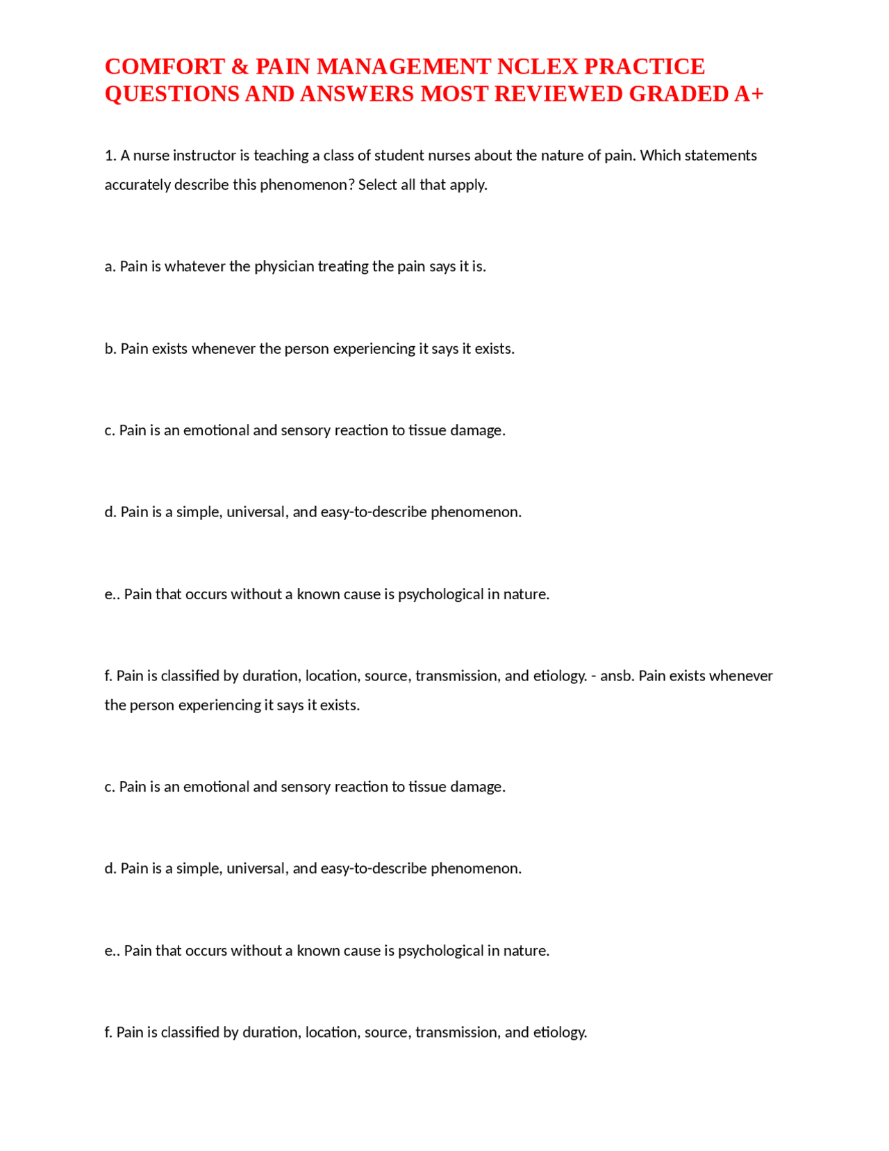 Comfort and Pain Management NCLEX Practice Questions and Answers ...