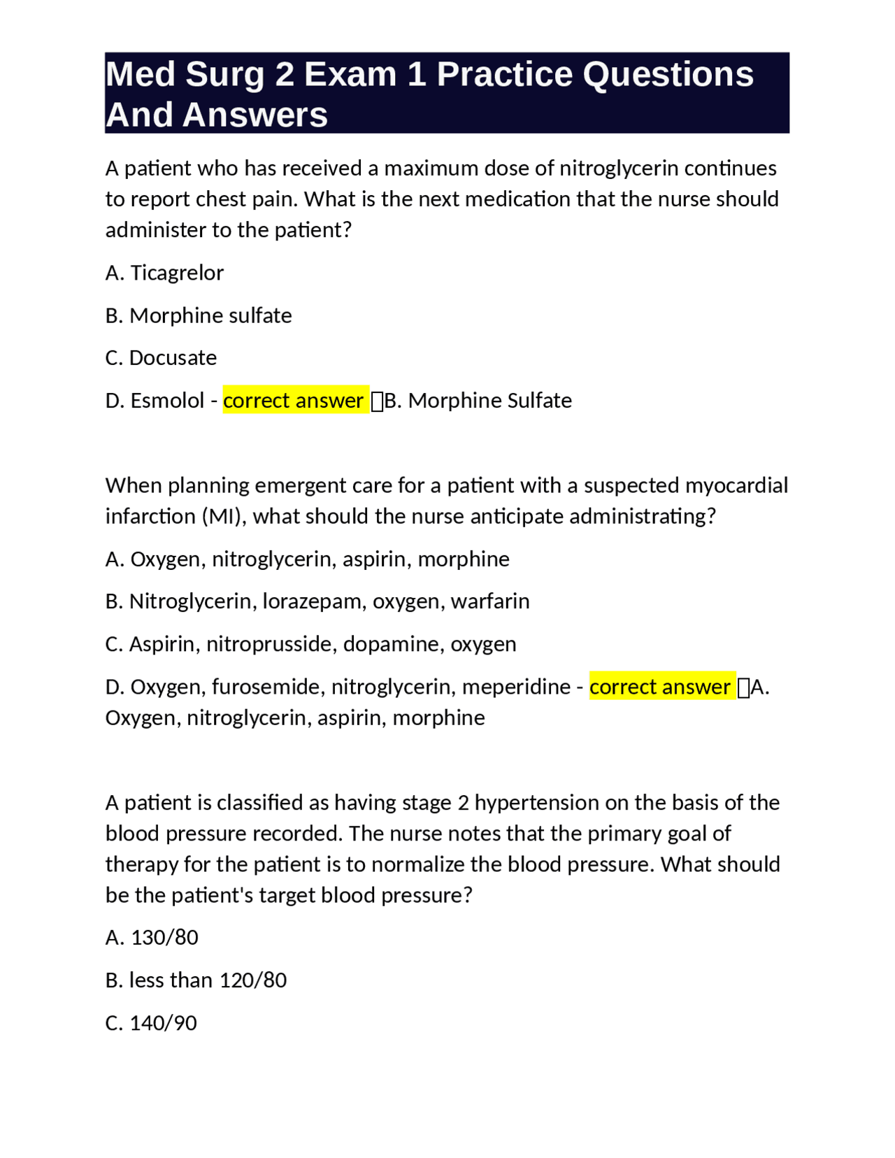 Med Surg 2 Exam 1 Practice Questions And Answers | Exams Nursing | Docsity