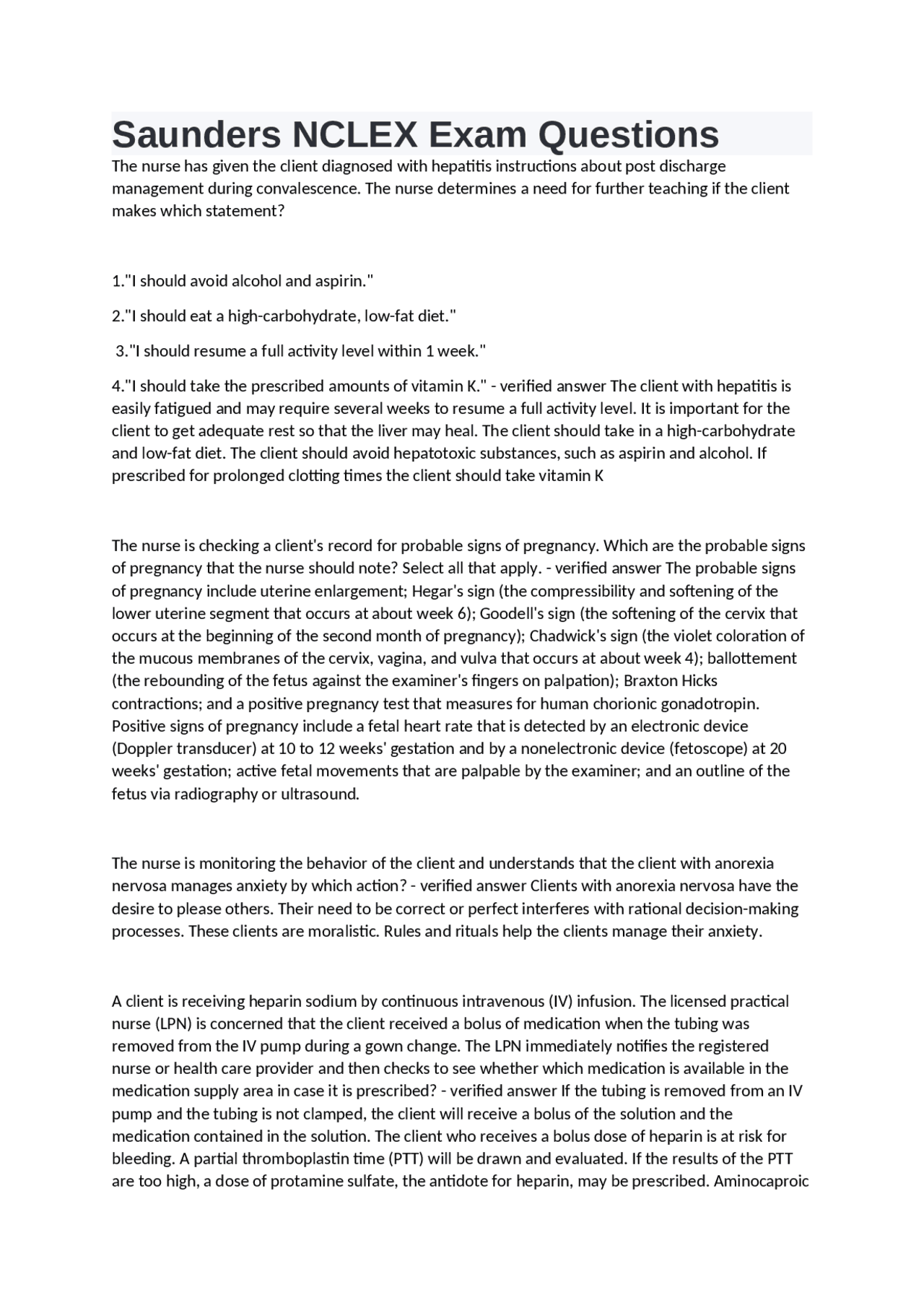 Saunders Sample Question Saunders NCLEX Exam Questions | Exams Nursing | Docsity