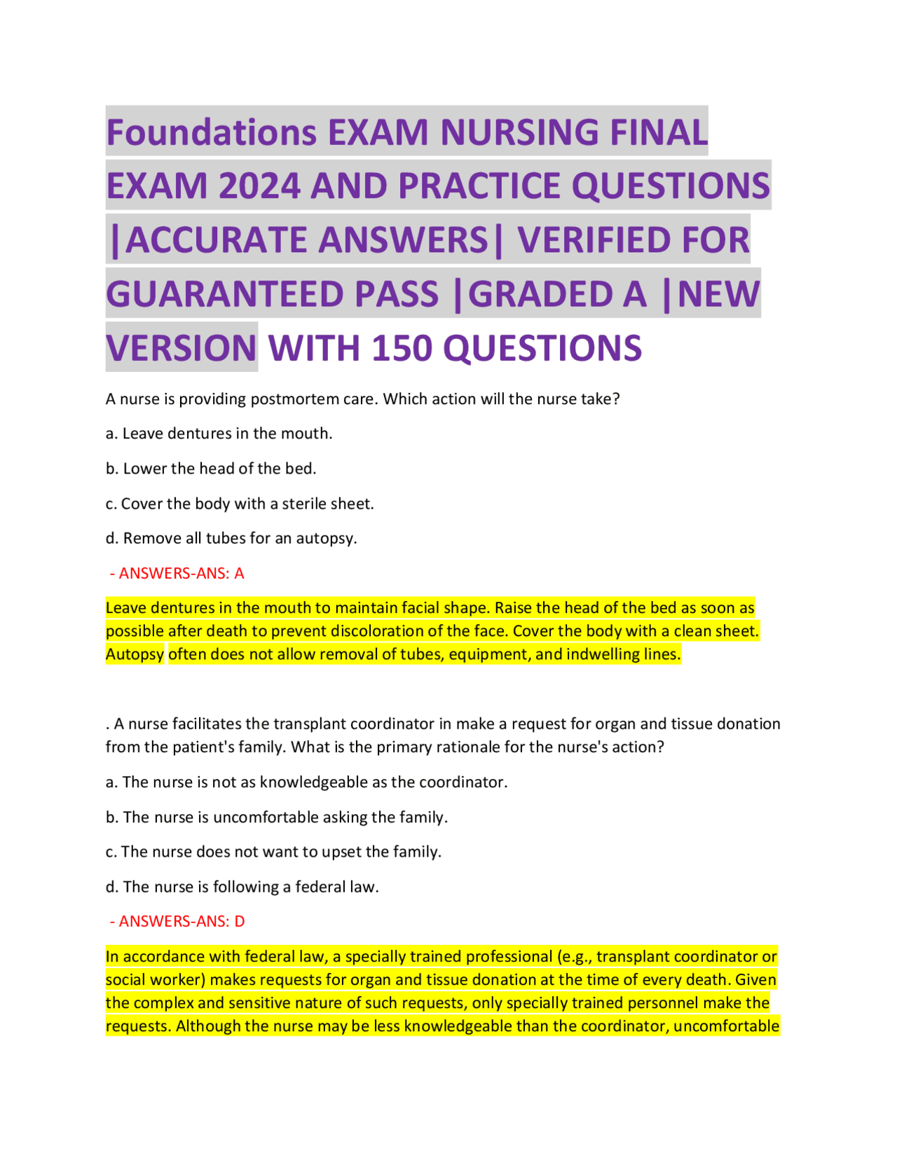 Foundations of NURSING FINAL EXAM 2024 AND PRACTICE QUESTIONS |ACCURATE ...