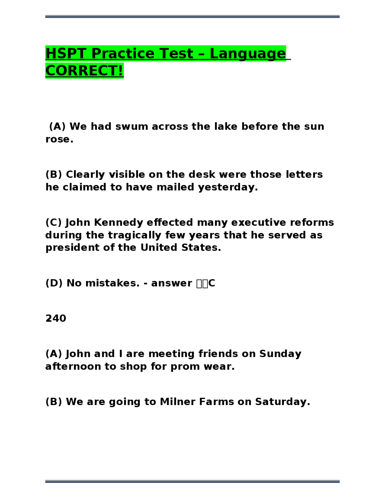 HSPT Practice Test - Language | Exams Nursing | Docsity