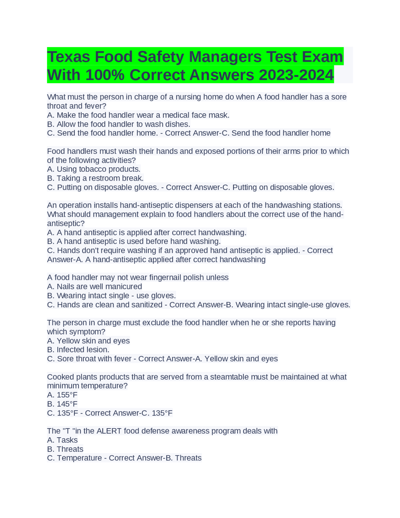 Texas Food Safety Managers Test Exam With 100% Correct Answers 2023 ...