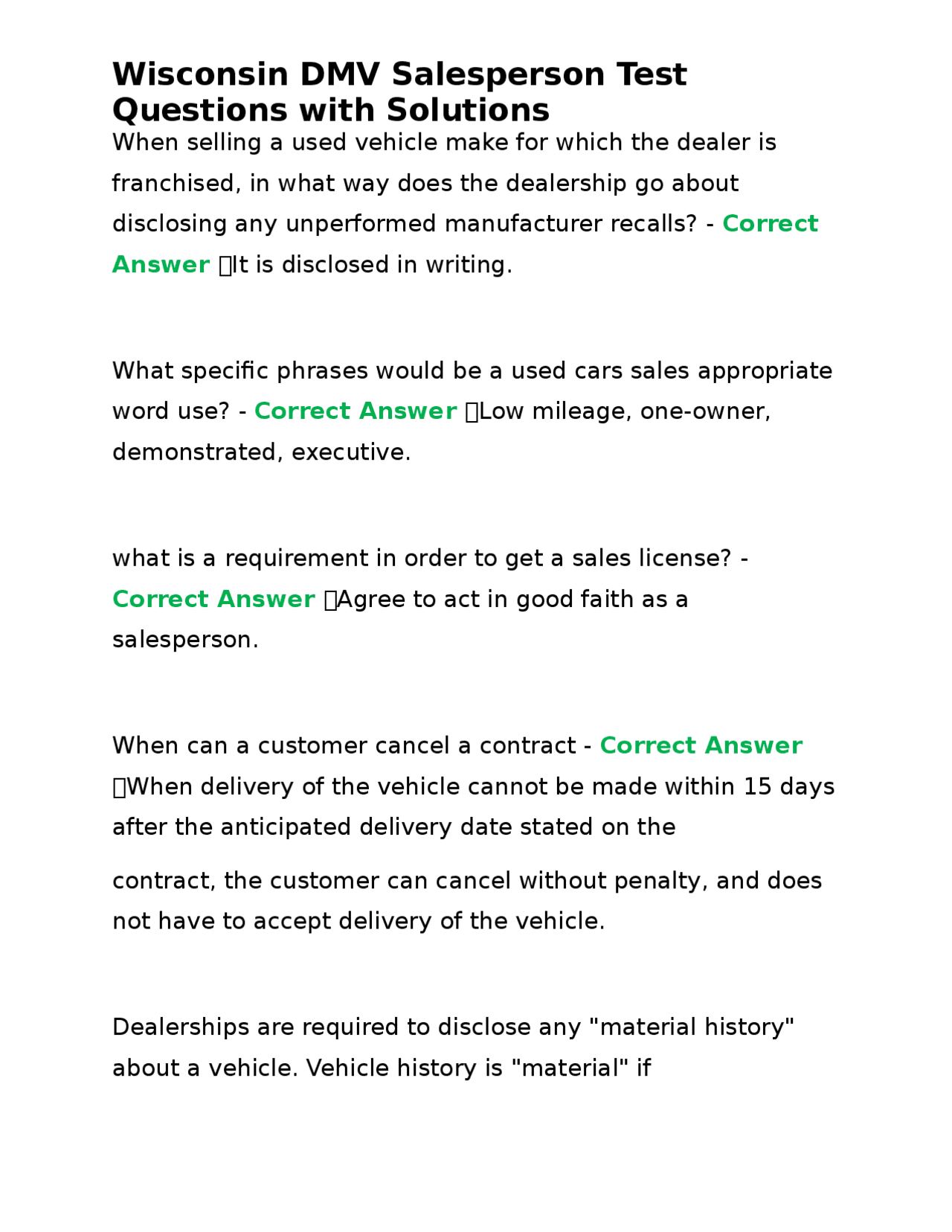 Wisconsin DMV Salesperson Test: Questions and Solutions | Exams Nursing | Docsity