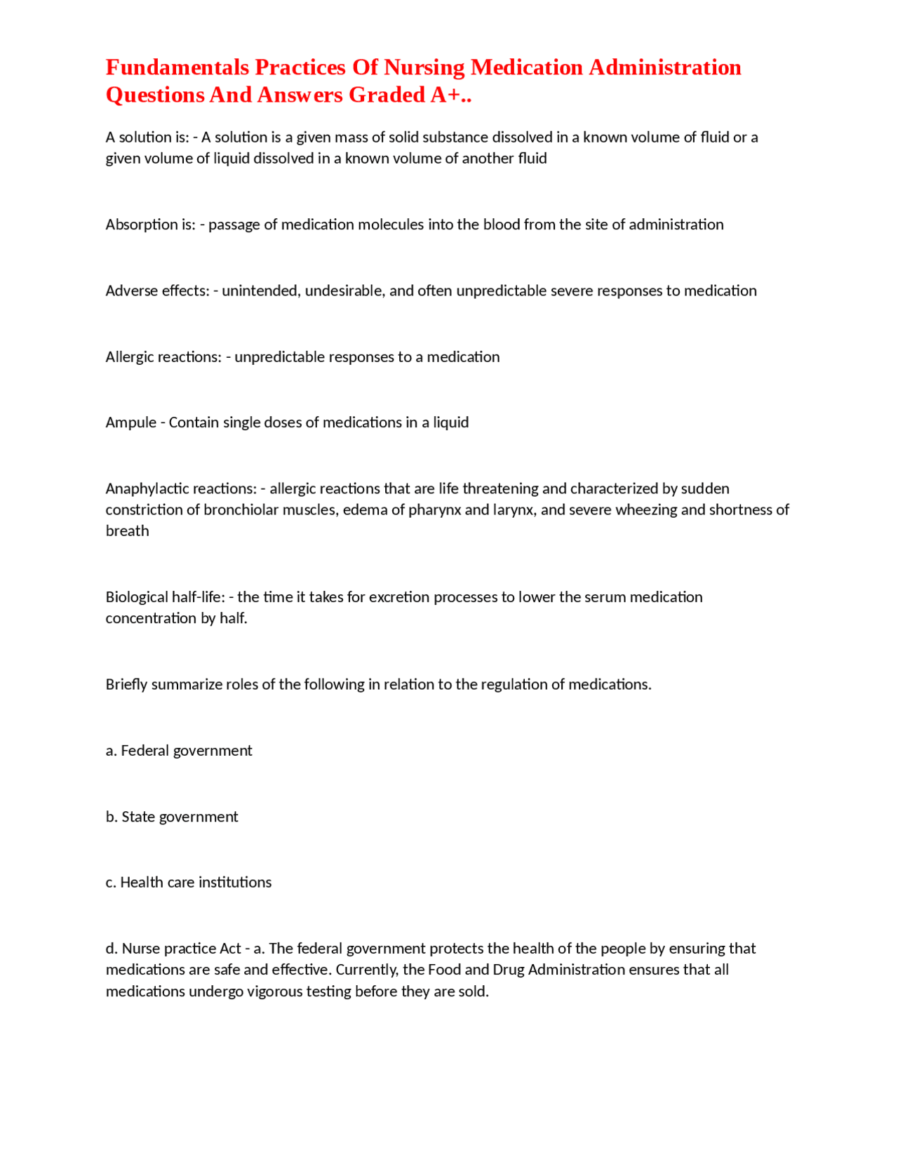Fundamentals Practices Of Nursing Medication Administration Questions ...