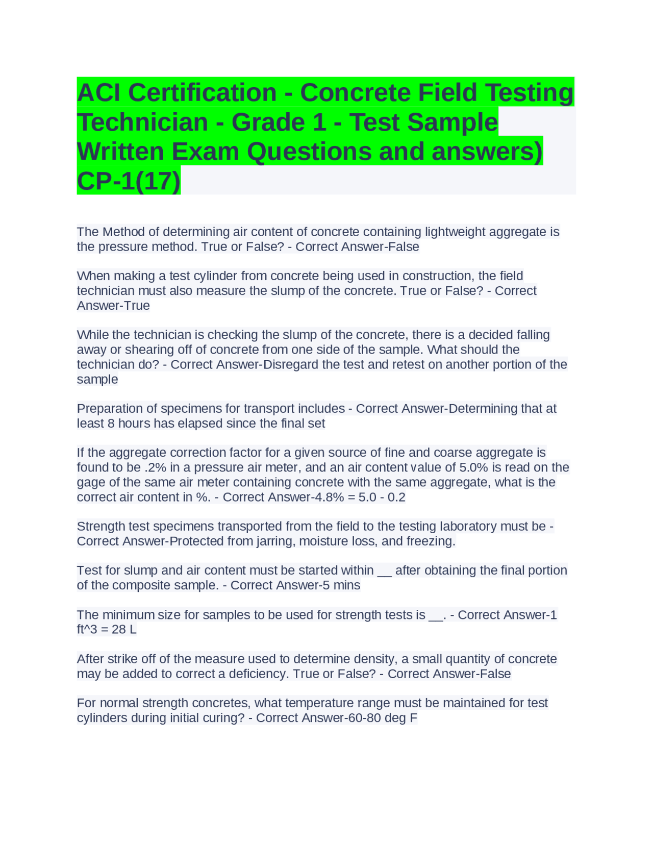 ACI Certification - Concrete Field Testing Technician - Grade 1 - Test ...