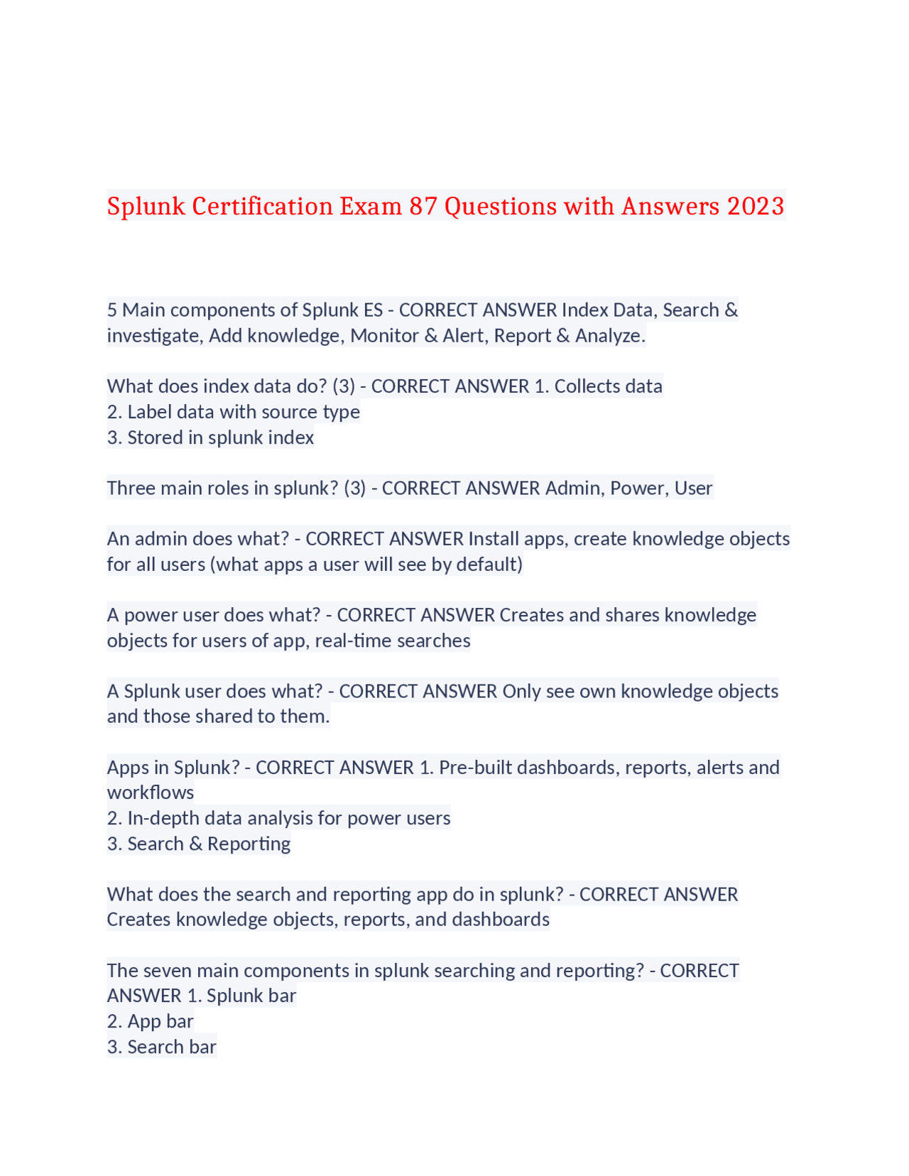 Splunk Certification Exam 87 Questions with Answers 2023 | Exams ...