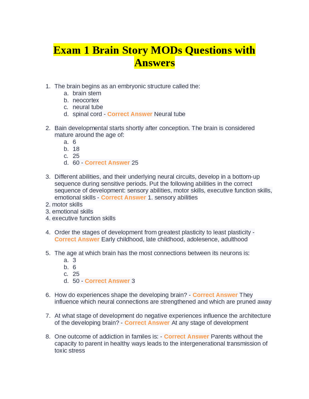 Exam 1 Brain Story MODs Questions with Answers | Exams Health sciences ...
