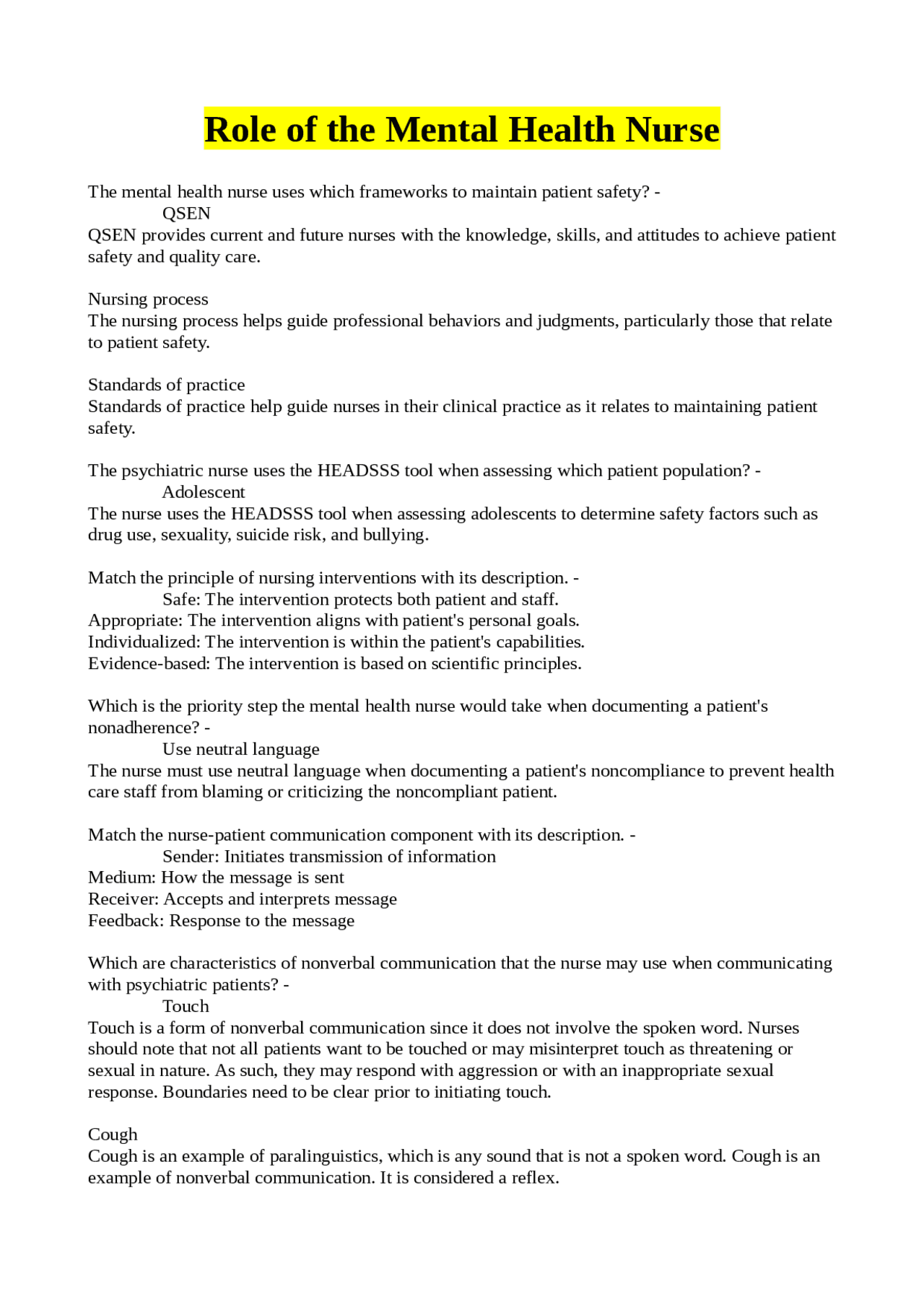 Role of the Mental Health Nurse | Exams Psychiatry | Docsity
