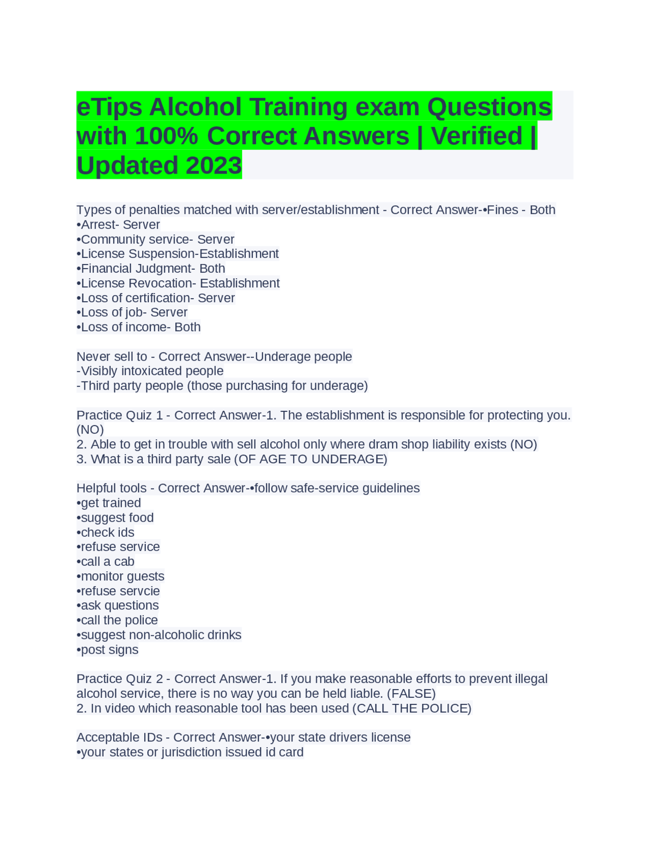 eTips Alcohol Training exam Questions with 100% Correct Answers | Verified | Updated 2023 ...