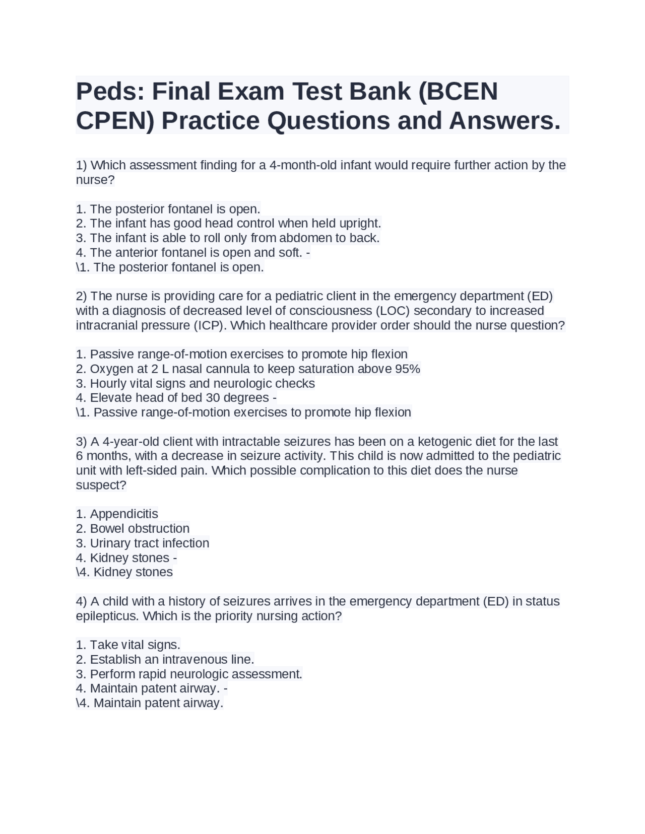Peds: Final Exam Test Bank (BCEN CPEN) Practice Questions and Answers ...