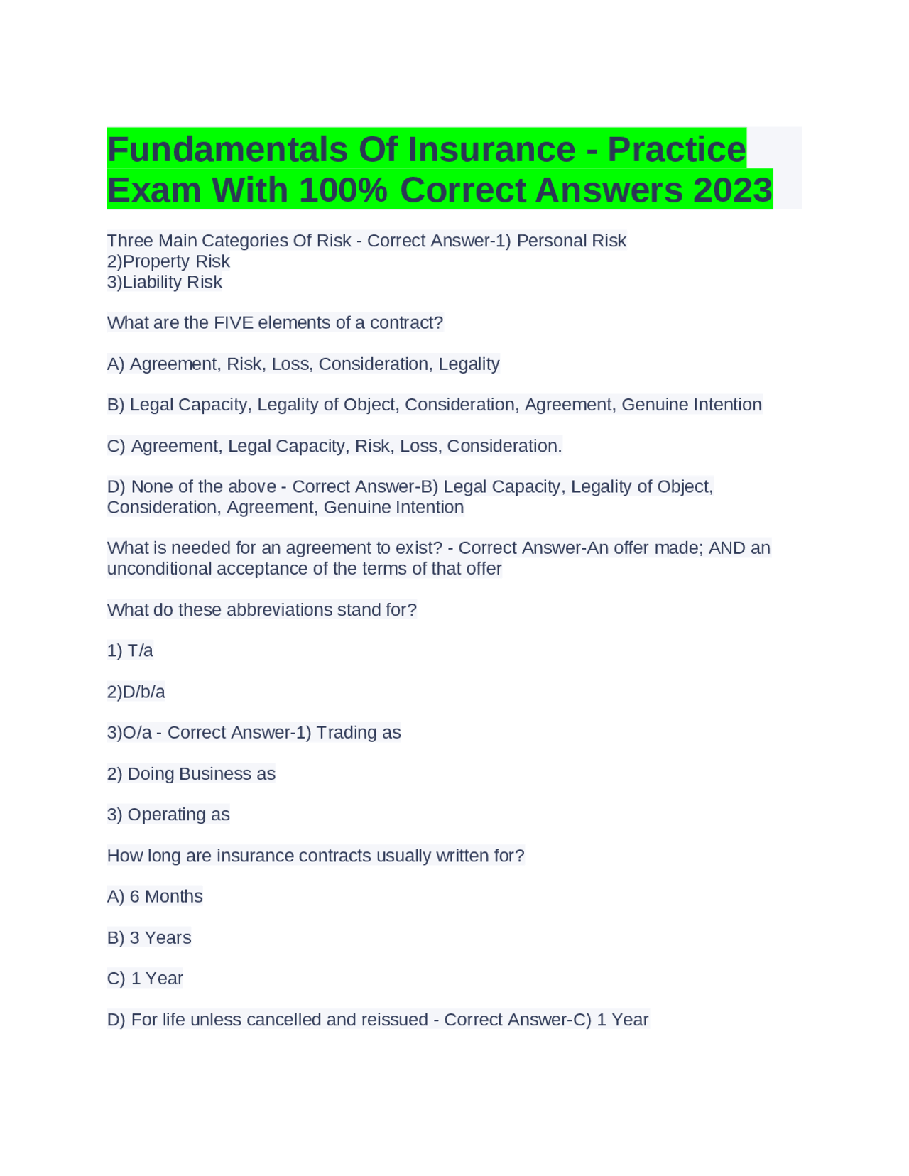 Insurance Concepts and Principles | Exams Advanced Education | Docsity