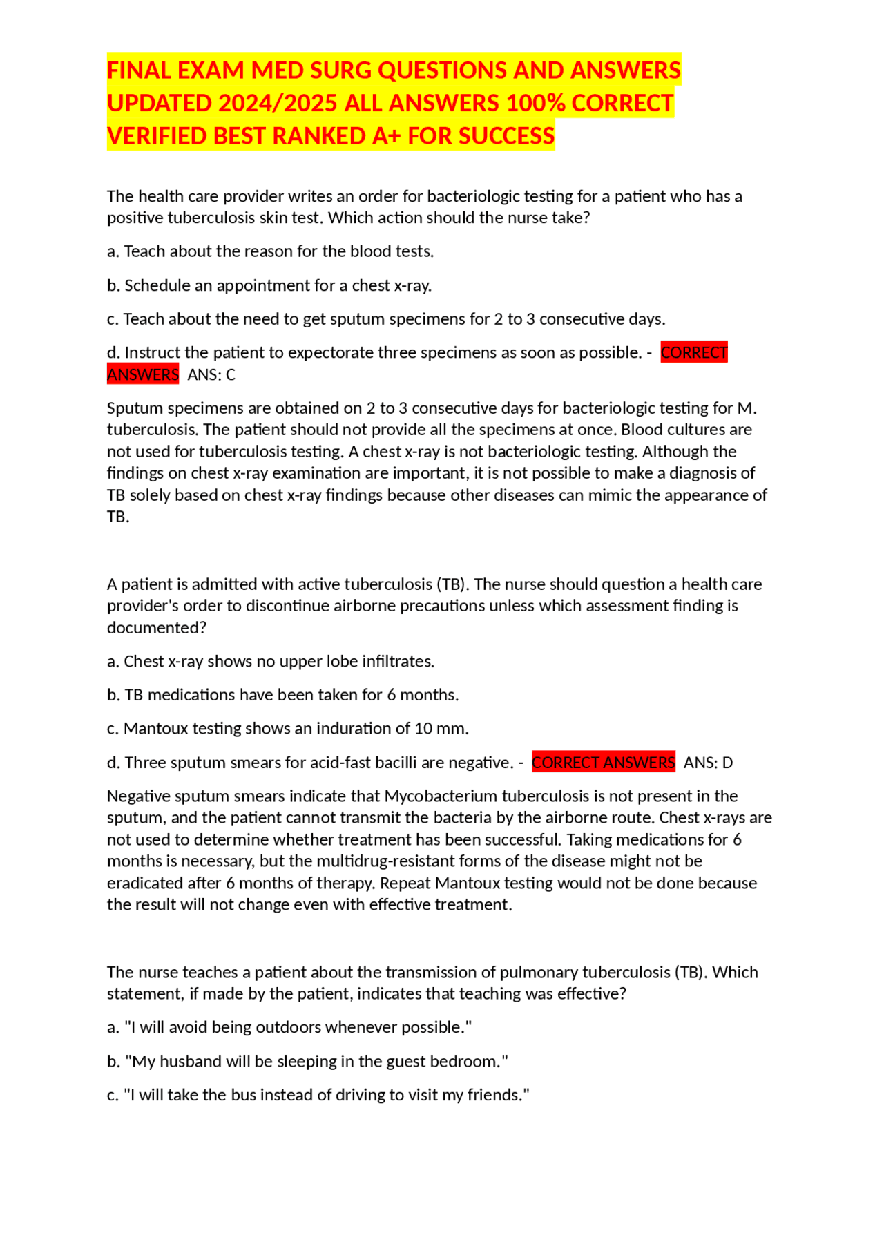 FINAL EXAM MED SURG QUESTIONS AND ANSWERS UPDATED 2024/2025 ALL ANSWERS ...