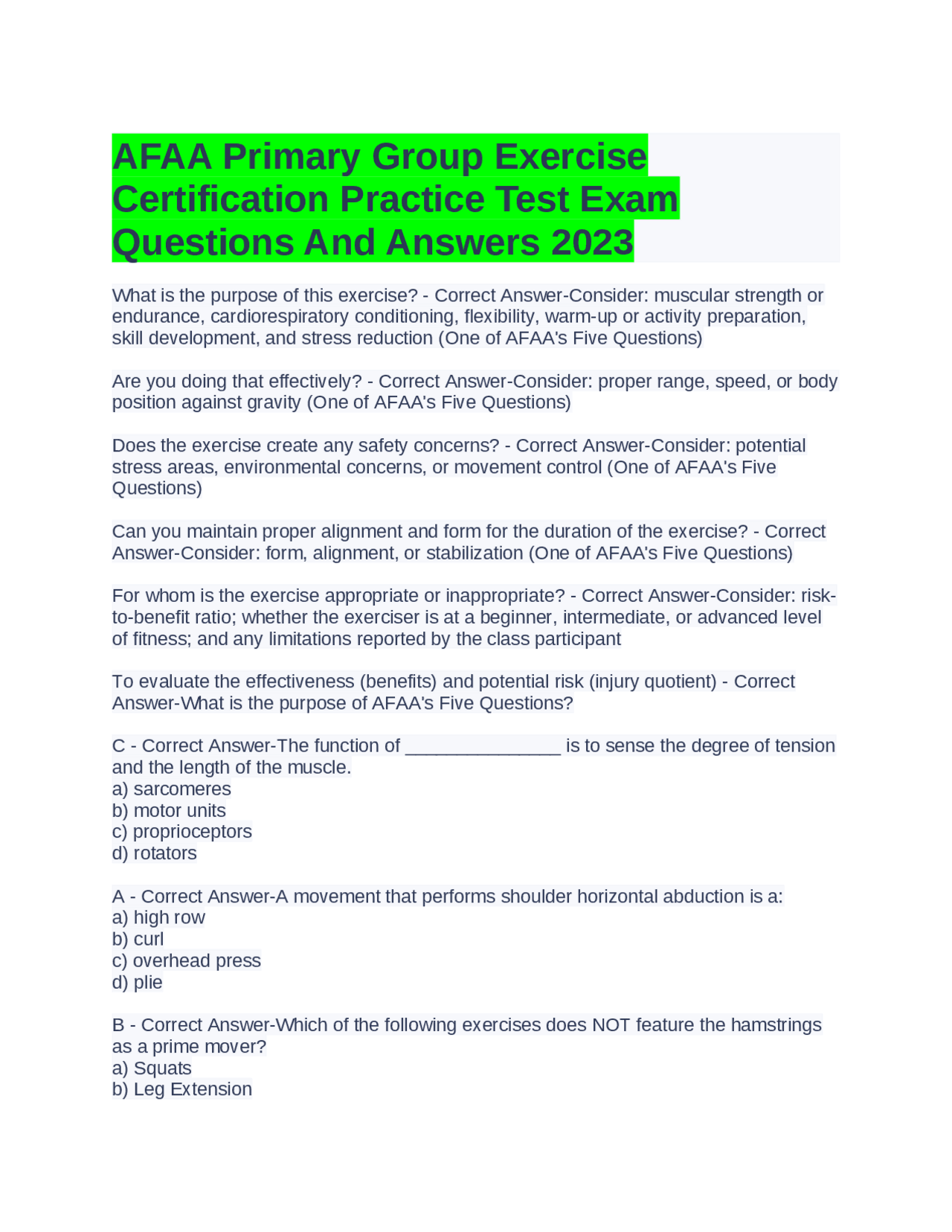AFAA Primary Group Exercise Certification Practice Test Exam Questions ...