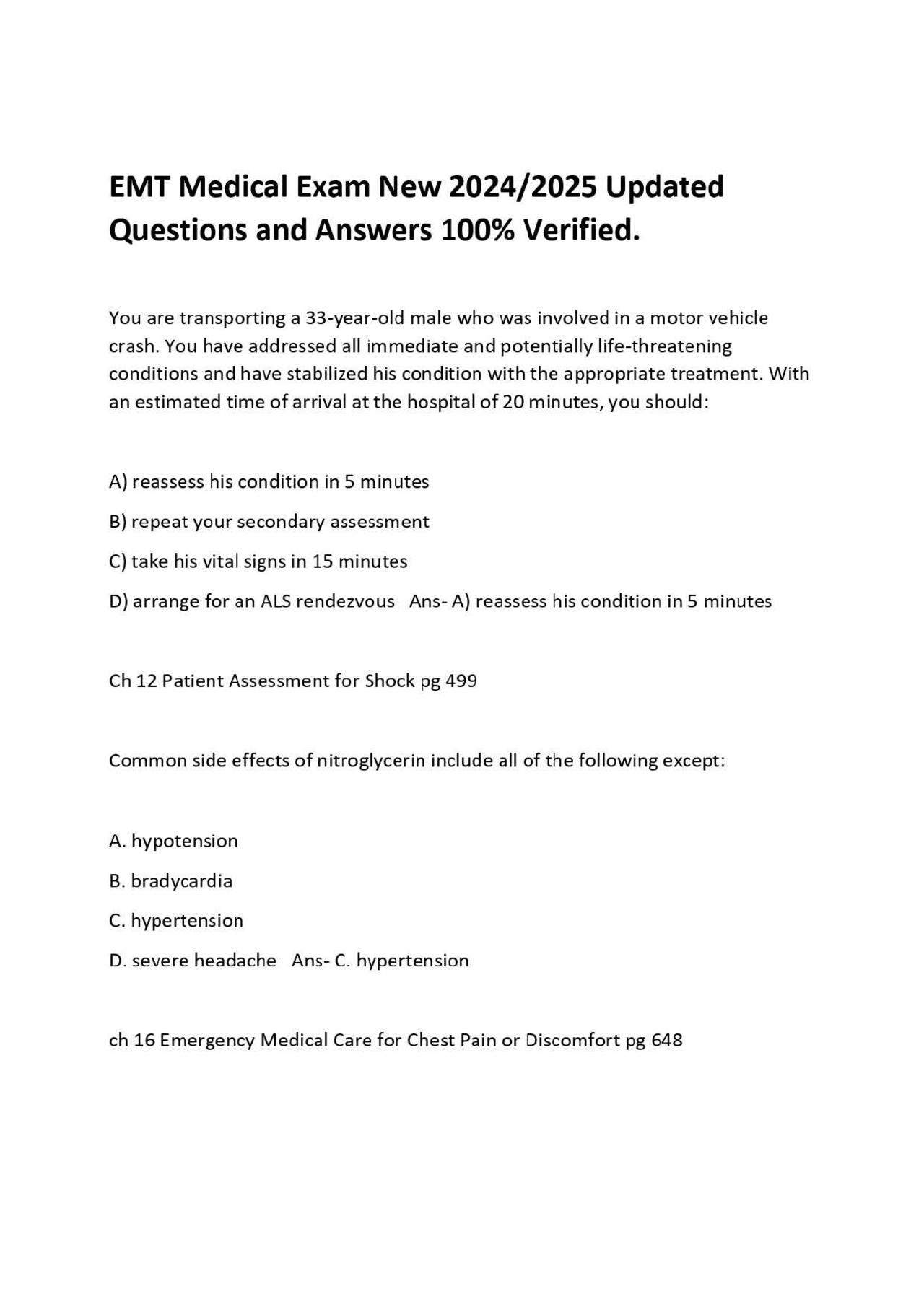 EMT Medical Exam New 2024/2025 Updated Questions and Answers 100% ...