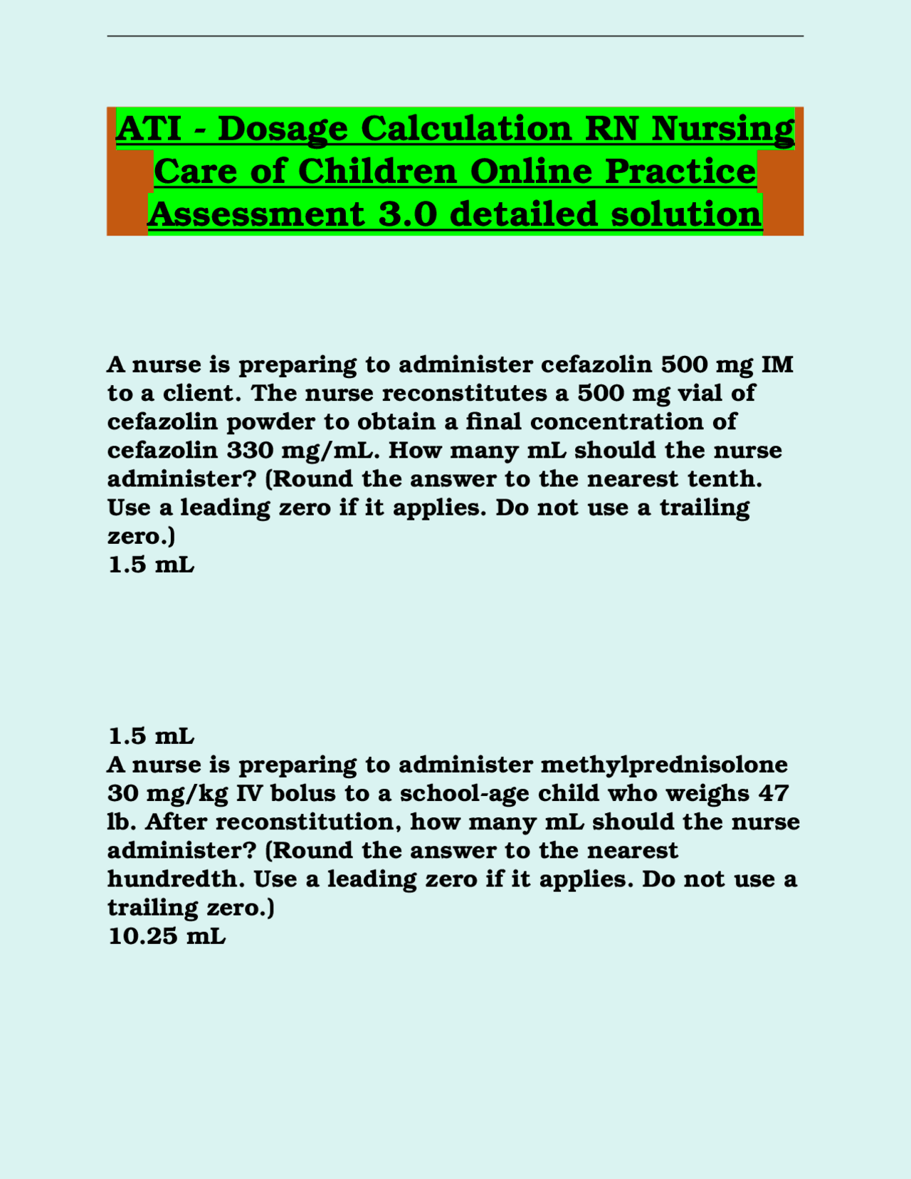 Dosage Calculation for Pediatric Nursing Care | Exams Nursing | Docsity