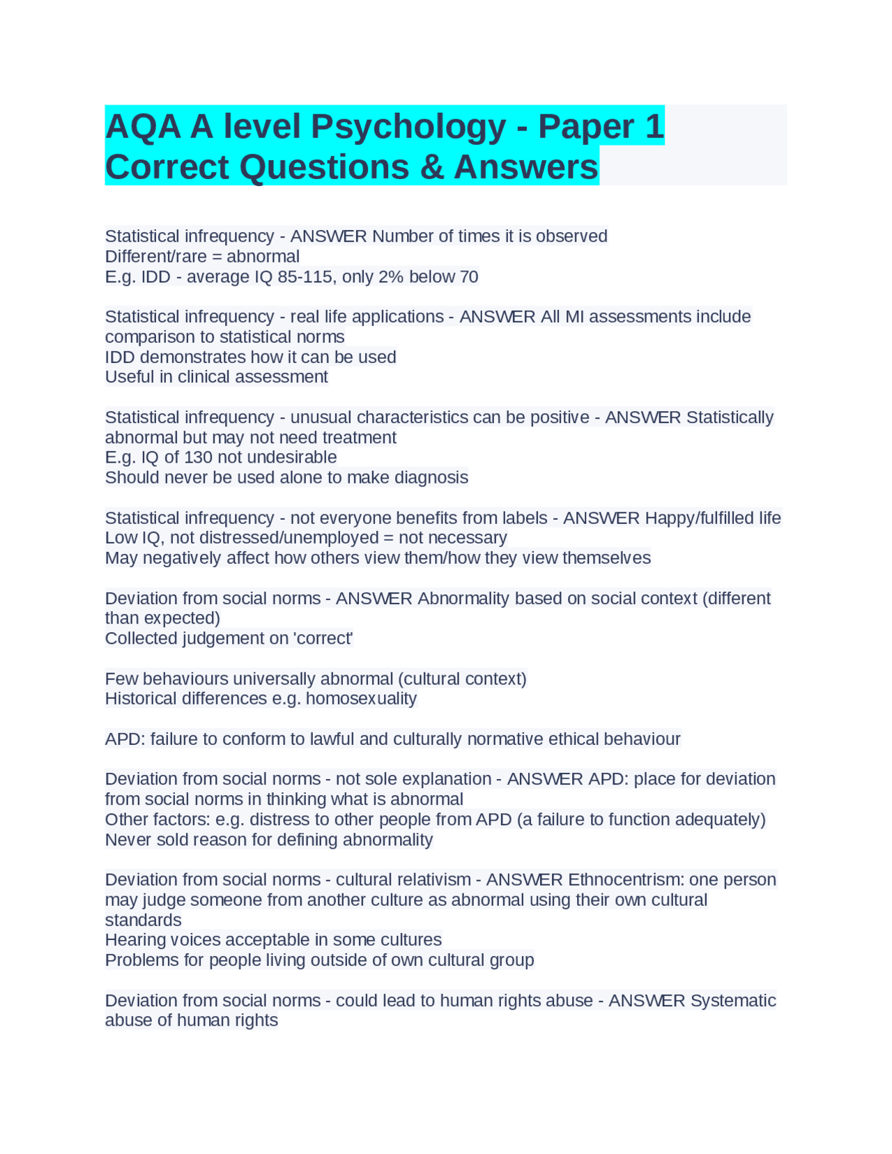 AQA A level Psychology - Paper 1 Correct Questions & Answers | Exams ...