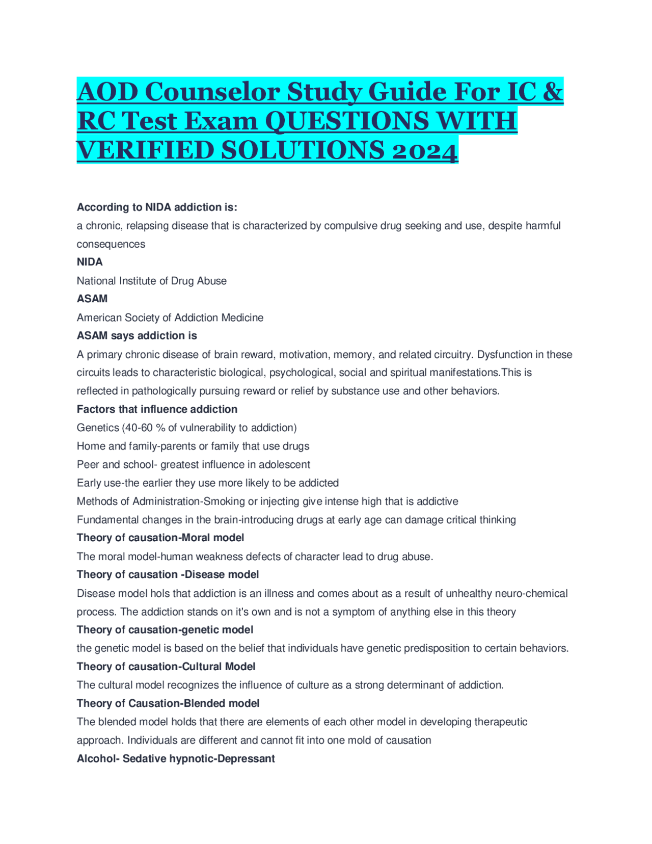 AOD Counselor Study Guide For IC & RC Test Exam QUESTIONS WITH VERIFIED ...