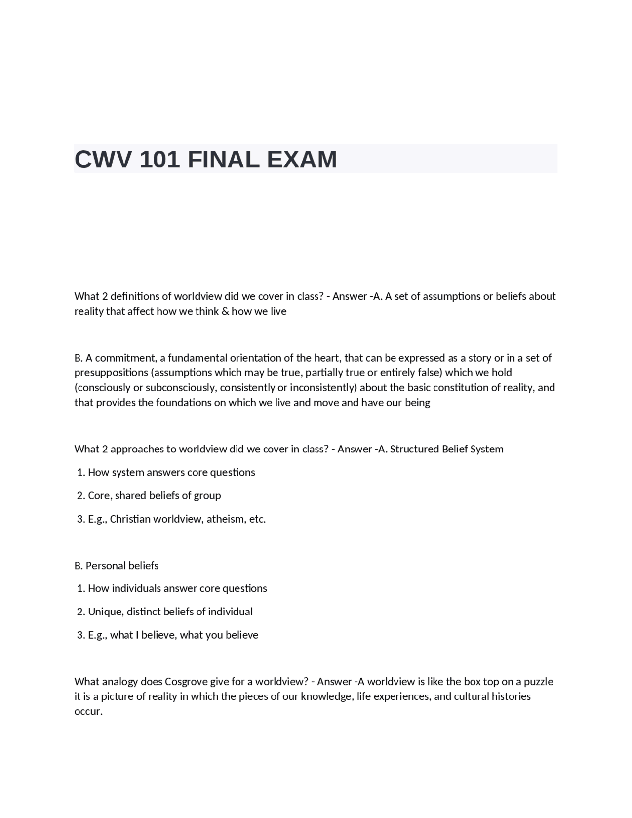 CWV 101 FINAL EXAM QUESTIONS AND ANSWERERS | Exams Theology | Docsity