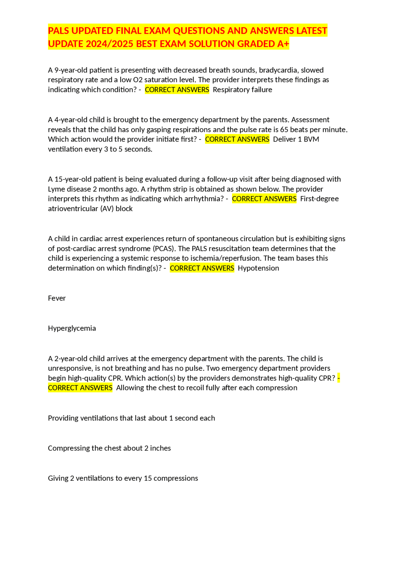 PALS UPDATED FINAL EXAM QUESTIONS AND ANSWERS LATEST UPDATE 2024/2025 ...