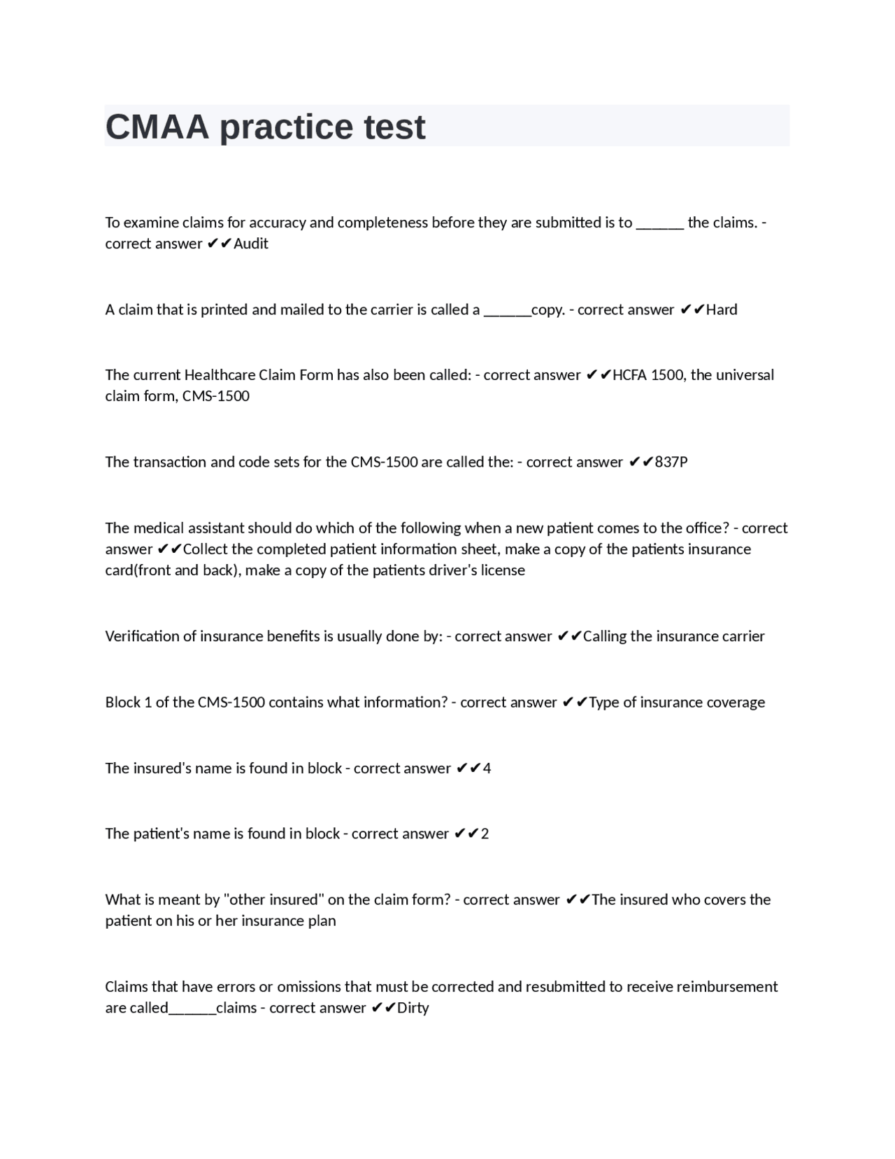 CMAA practice test questions and answers graded A+ Exams Nursing