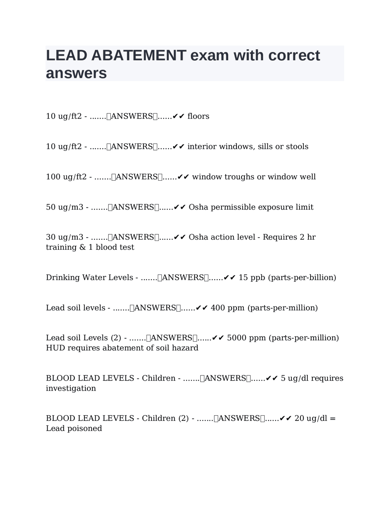 LEAD ABATEMENT exam with correct answers | Exams Industrial management ...