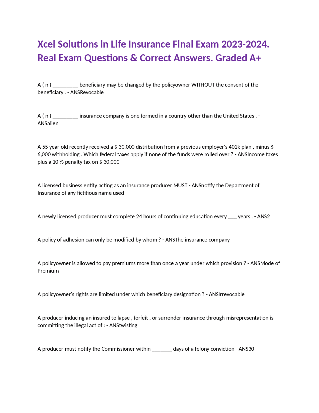 Xcel Solutions in Life Insurance Final Exam 2023-2024. Exam 