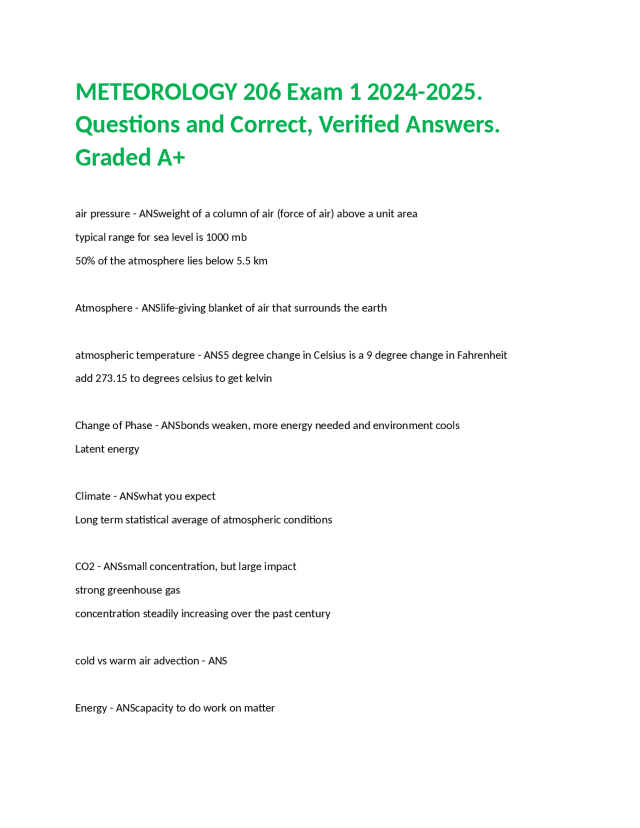 METEOROLOGY 206 Exam 1 2024-2025. Questions and Correct, Verified ...