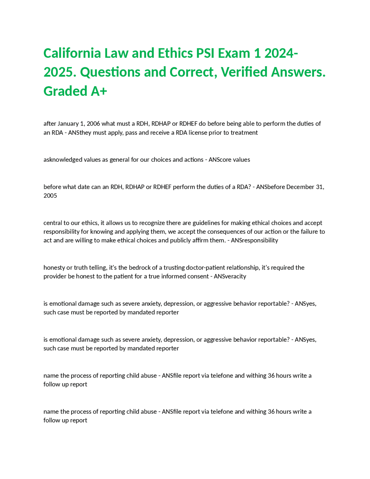 California Law and Ethics PSI Exam 1 2024-2025 | Exams Nursing | Docsity