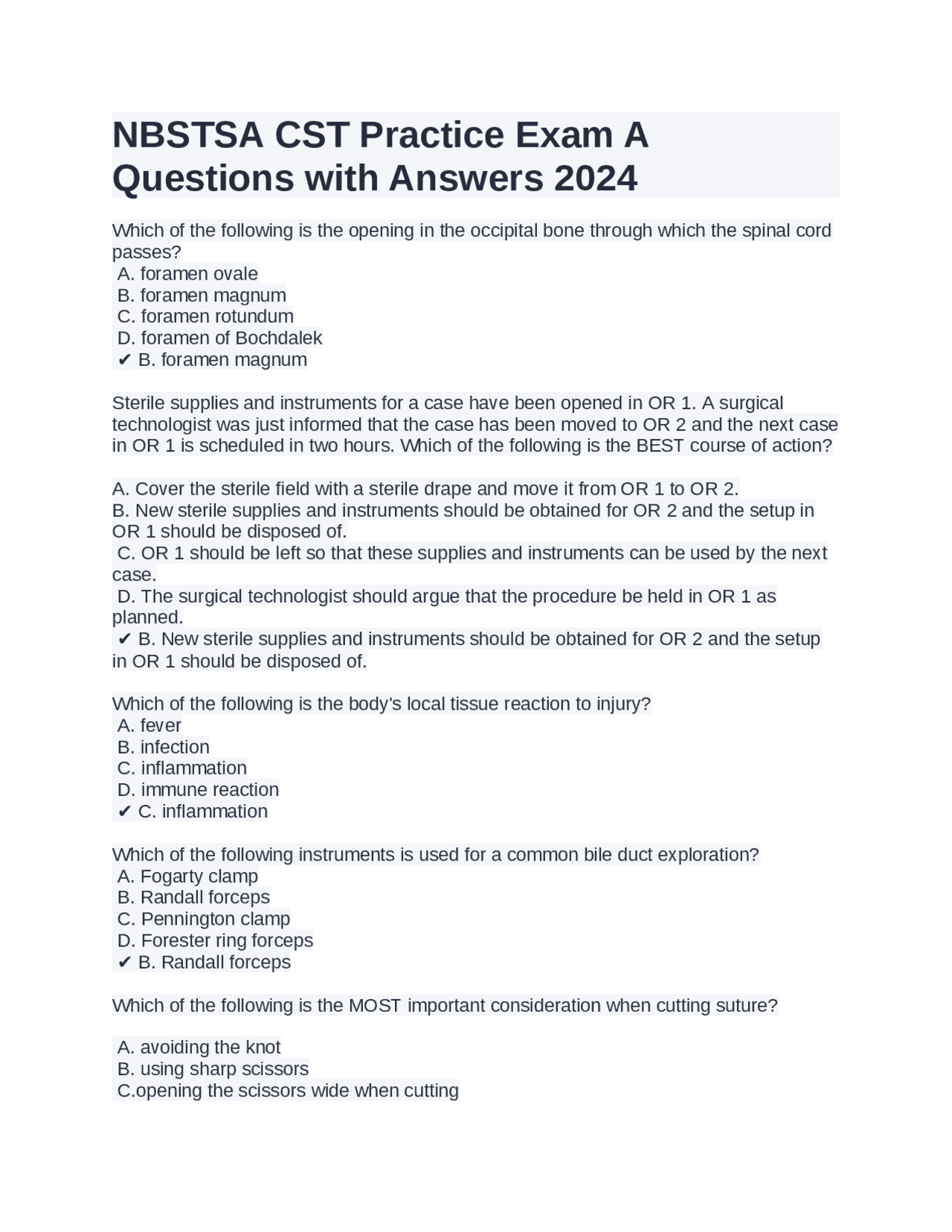 NBSTSA CST Practice Exam A Questions with Answers 2024 | Exams Medicine ...