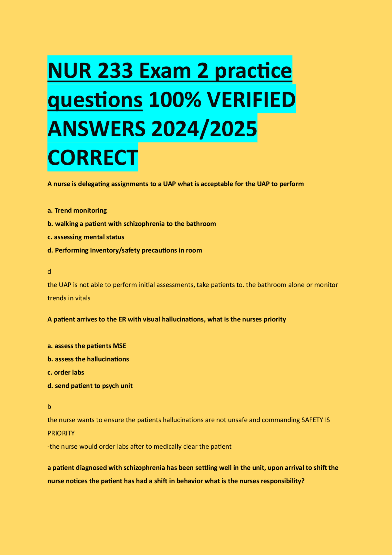 NUR 233 Exam 2 practice questions 100% VERIFIED ANSWERS 2024/2025 ...